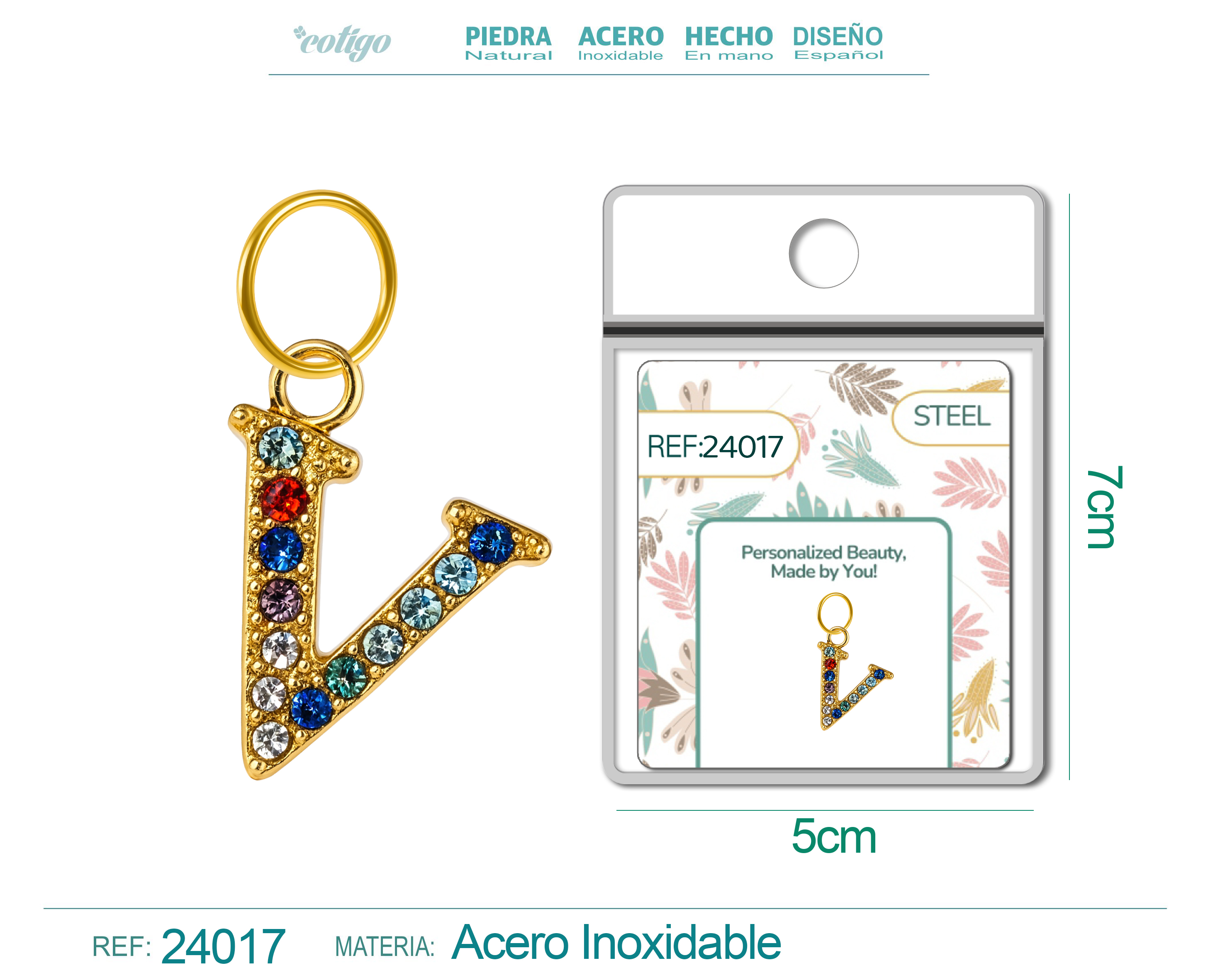 CHARM DE LETRA V ACERO COLOR DORADO CON CIRCONITA