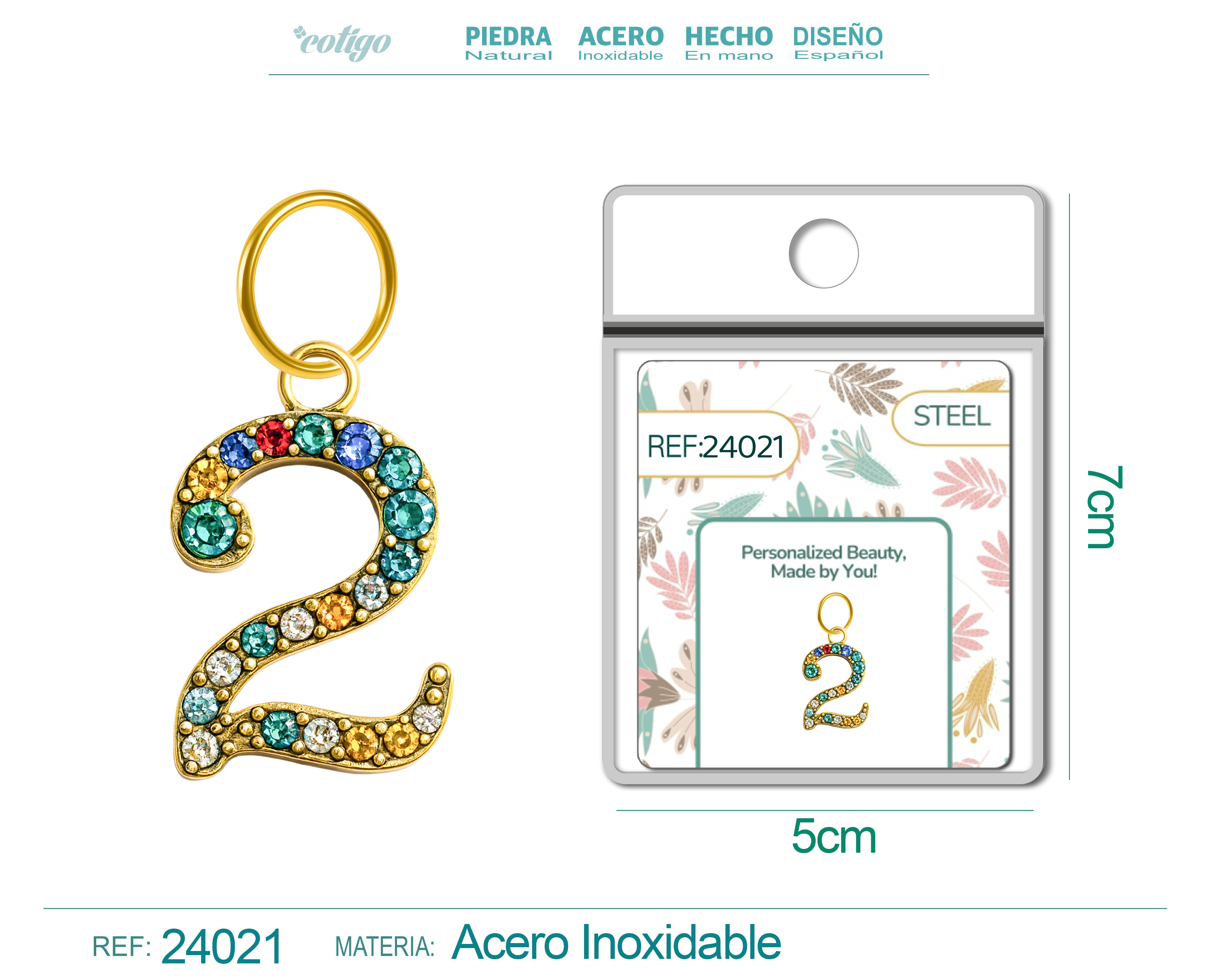 CHARM DE NÚMERO 2 ACERO COLOR DORADO CON CIRCONITA