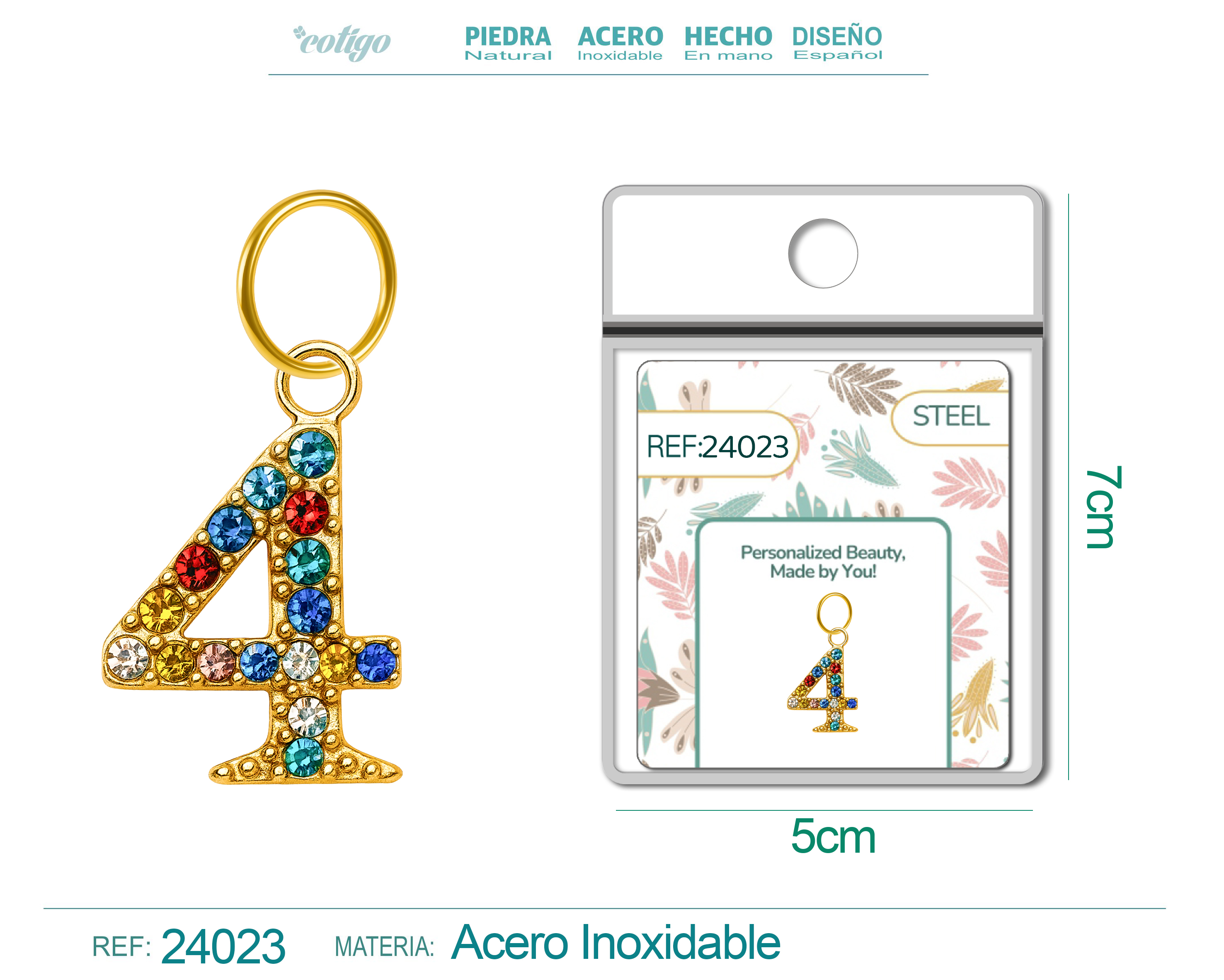 CHARM DE NÚMERO 4 ACERO COLOR DORADO CON CIRCONITA