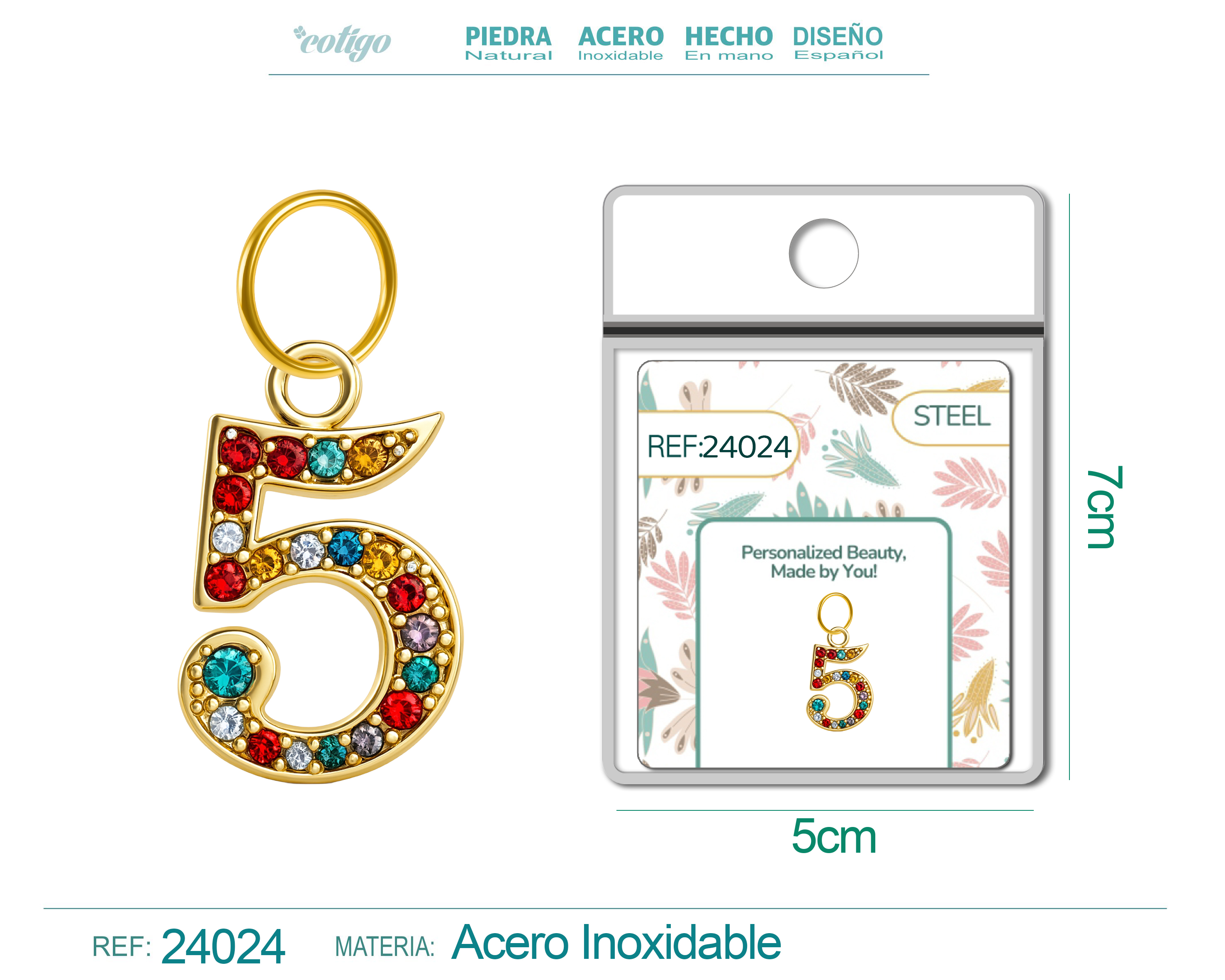CHARM DE NÚMERO 5 ACERO COLOR DORADO CON CIRCONITA