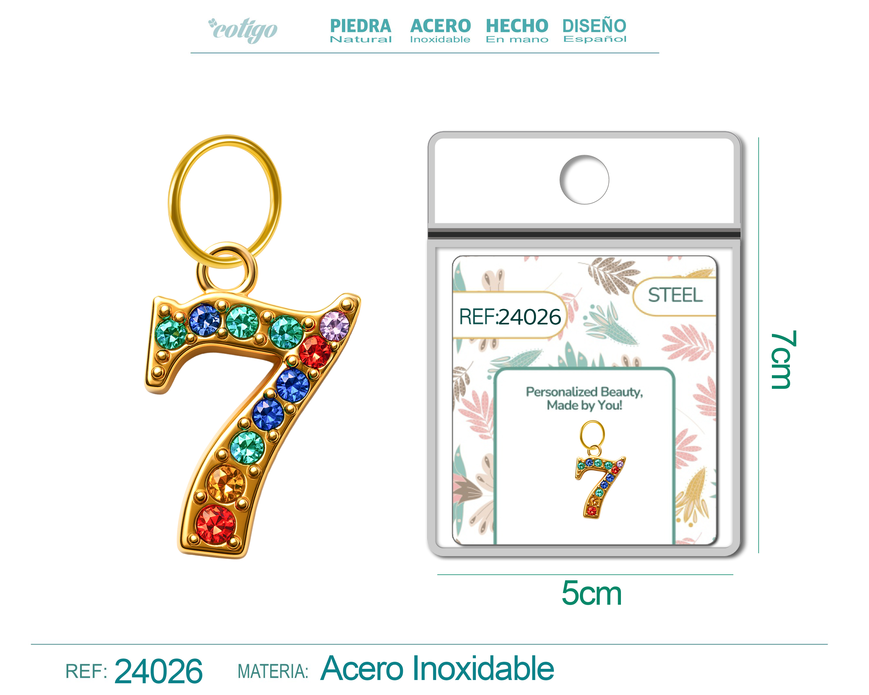 CHARM DE NÚMERO 7 ACERO COLOR DORADO CON CIRCONITA