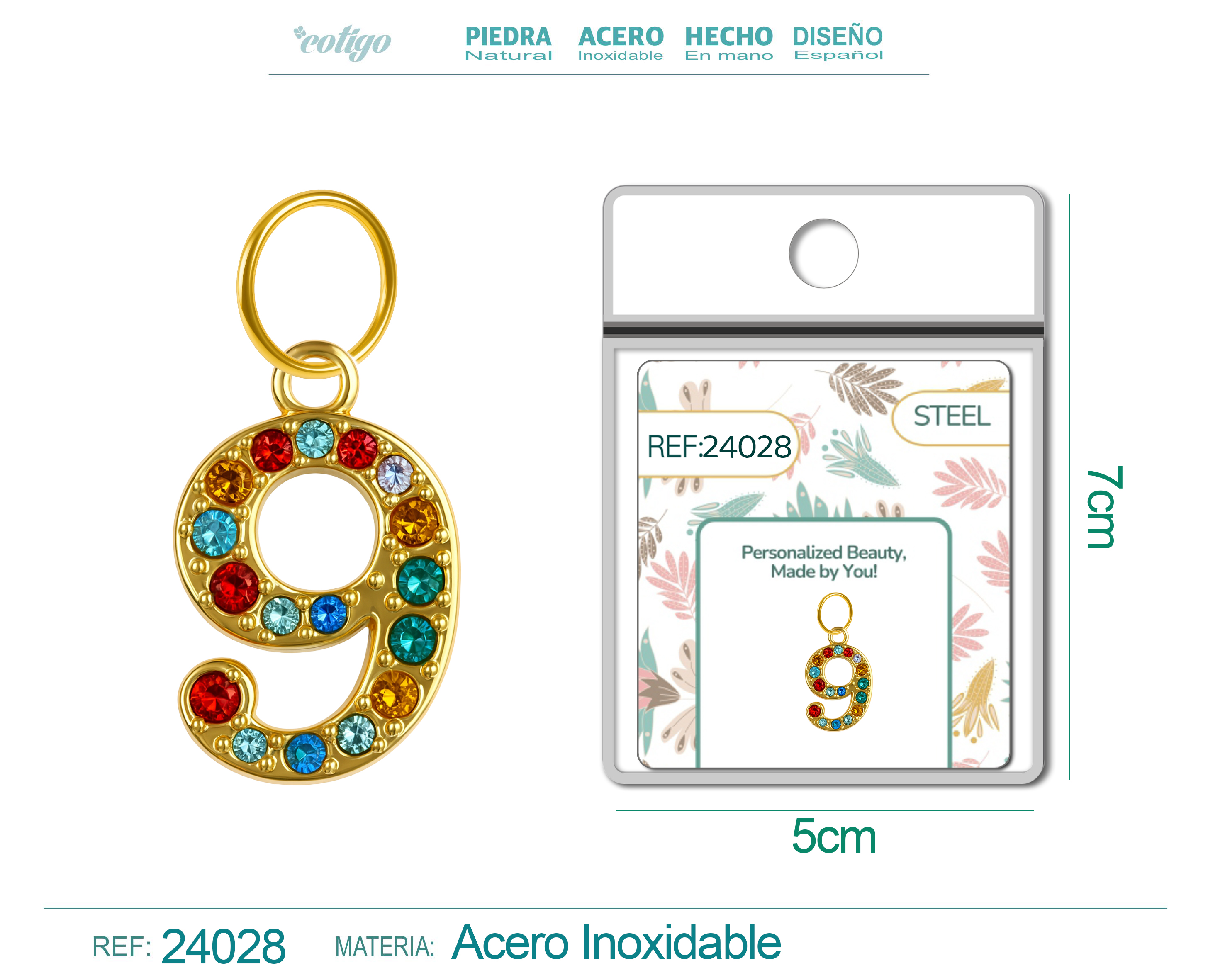 CHARM DE NÚMERO 9 ACERO COLOR DORADO CON CIRCONITA