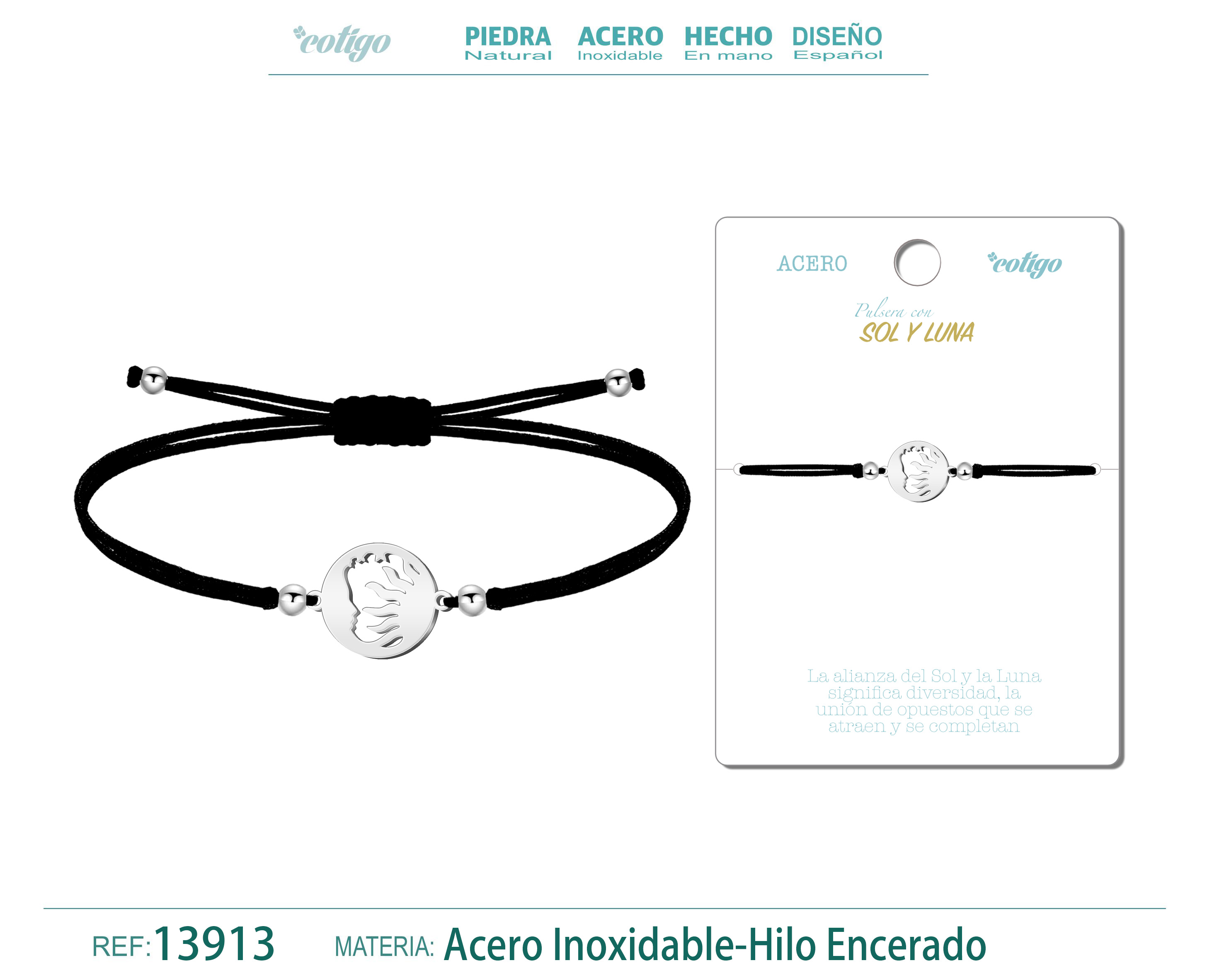 PULSERA SOL Y LUNA PLATEADO DE HILO EN.NEGRO