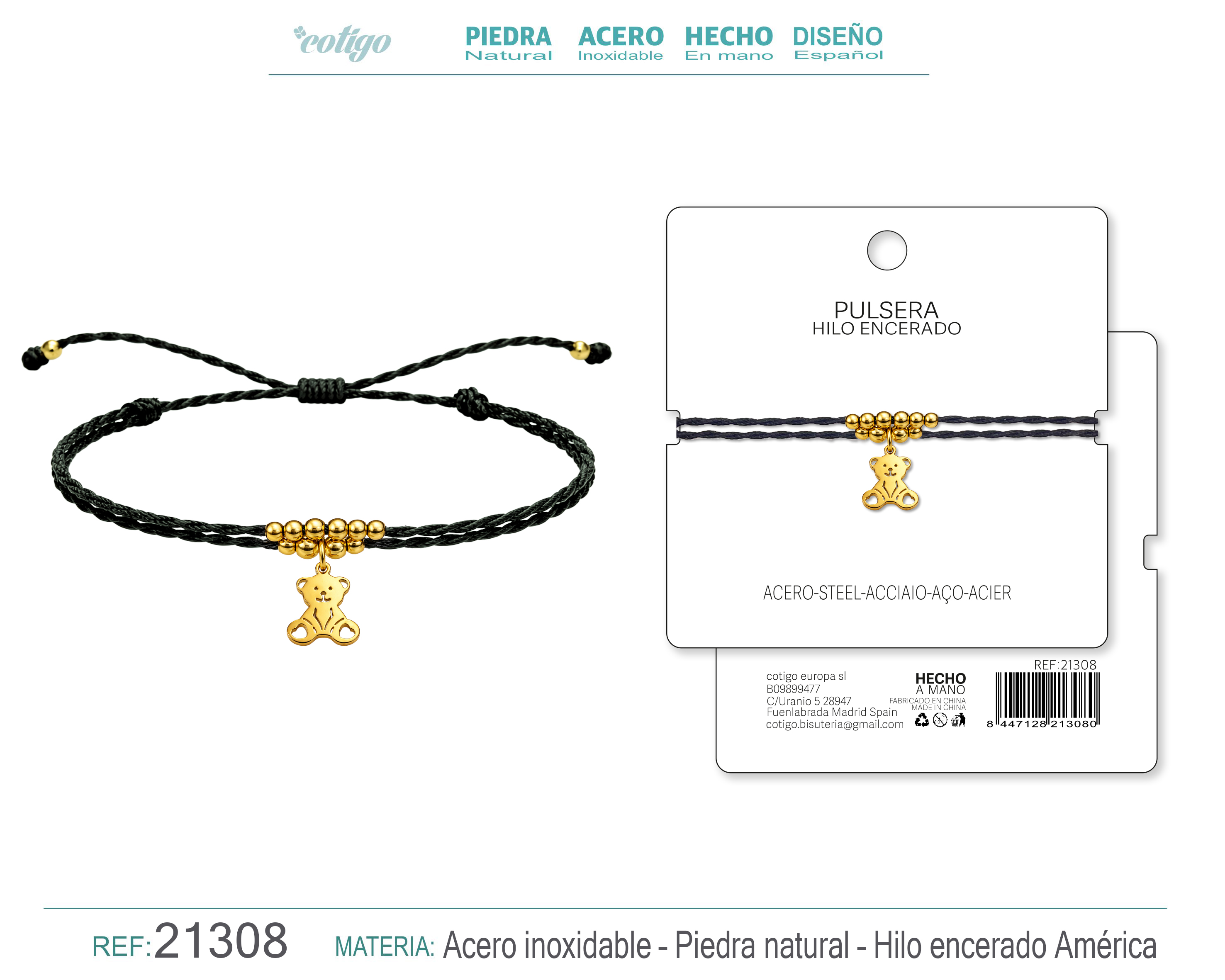 PULSERA HILO ENCERADO CON COLGANTE OSO ACERO DORADO