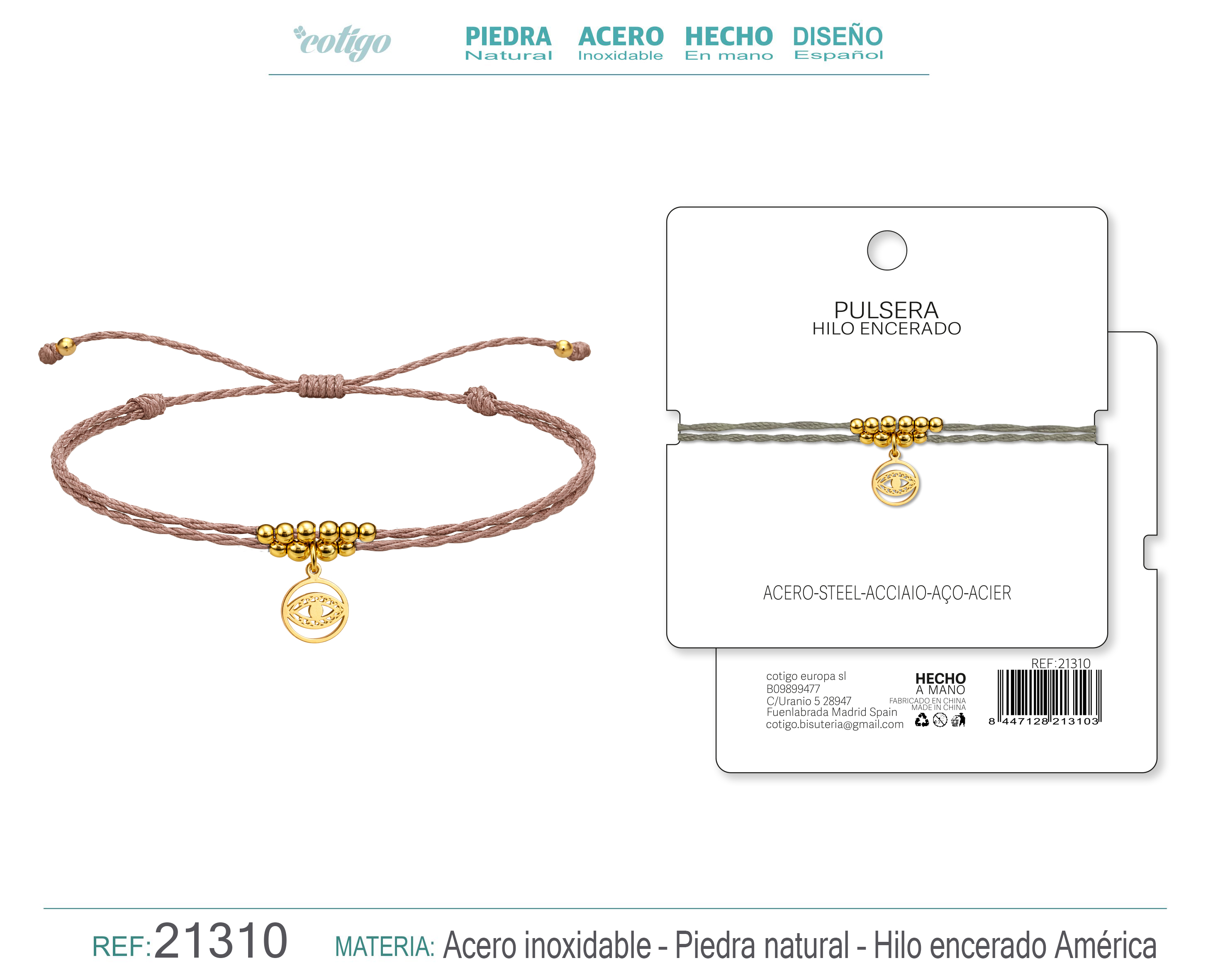 PULSERA HILO ENCERADO CON COLGANTE OJO TURCO ACERO DORADO