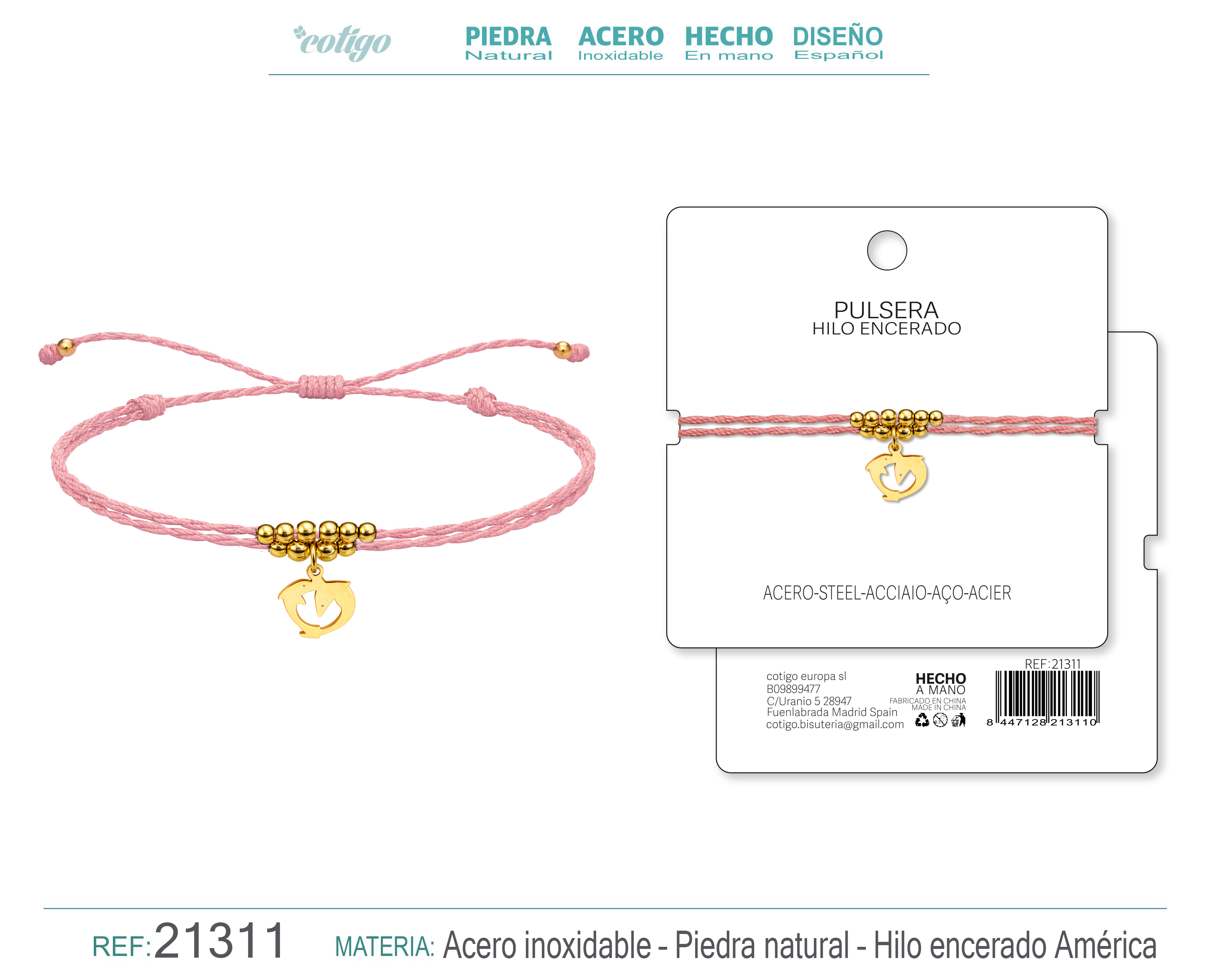 PULSERA HILO ENCERADO CON COLGANTE DELFIN ACERO DORADO