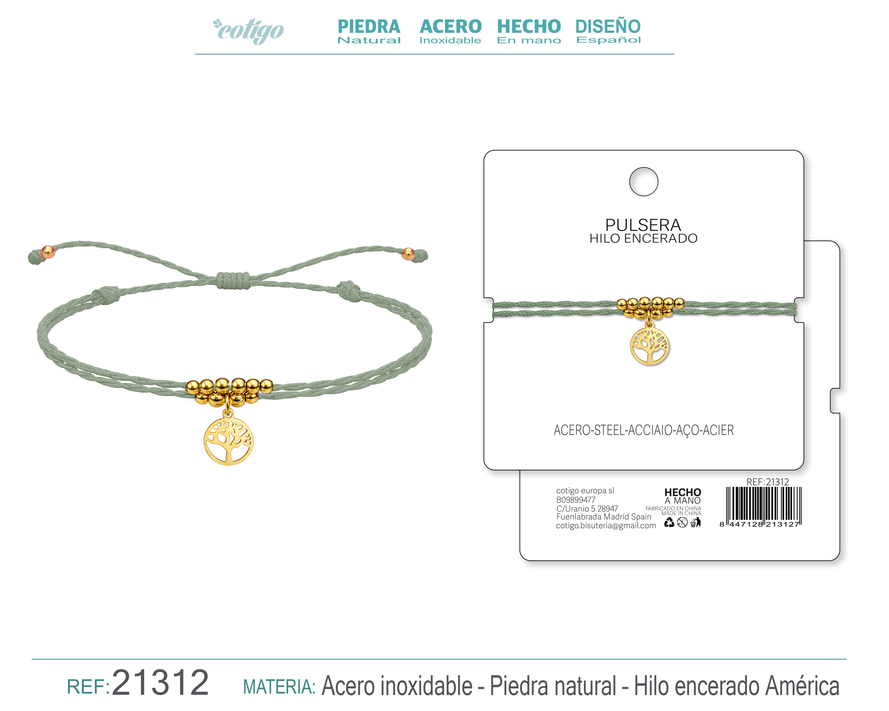 PULSERA HILO ENCERADO CON COLGANTE ARBOL DE VIDA ACERO DORADO