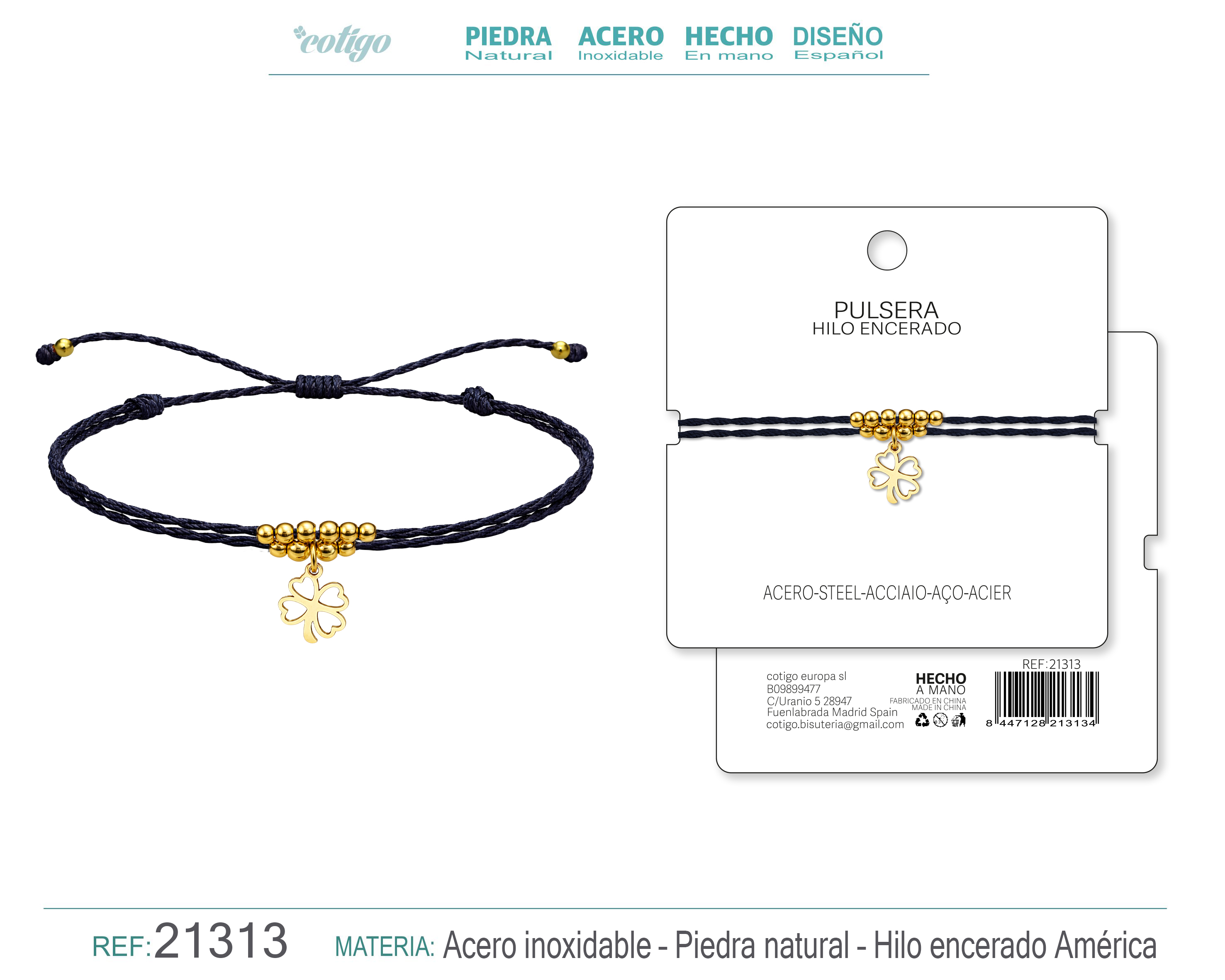 PULSERA HILO ENCERADO CON COLGANTE TREBOL ACERO DORADO