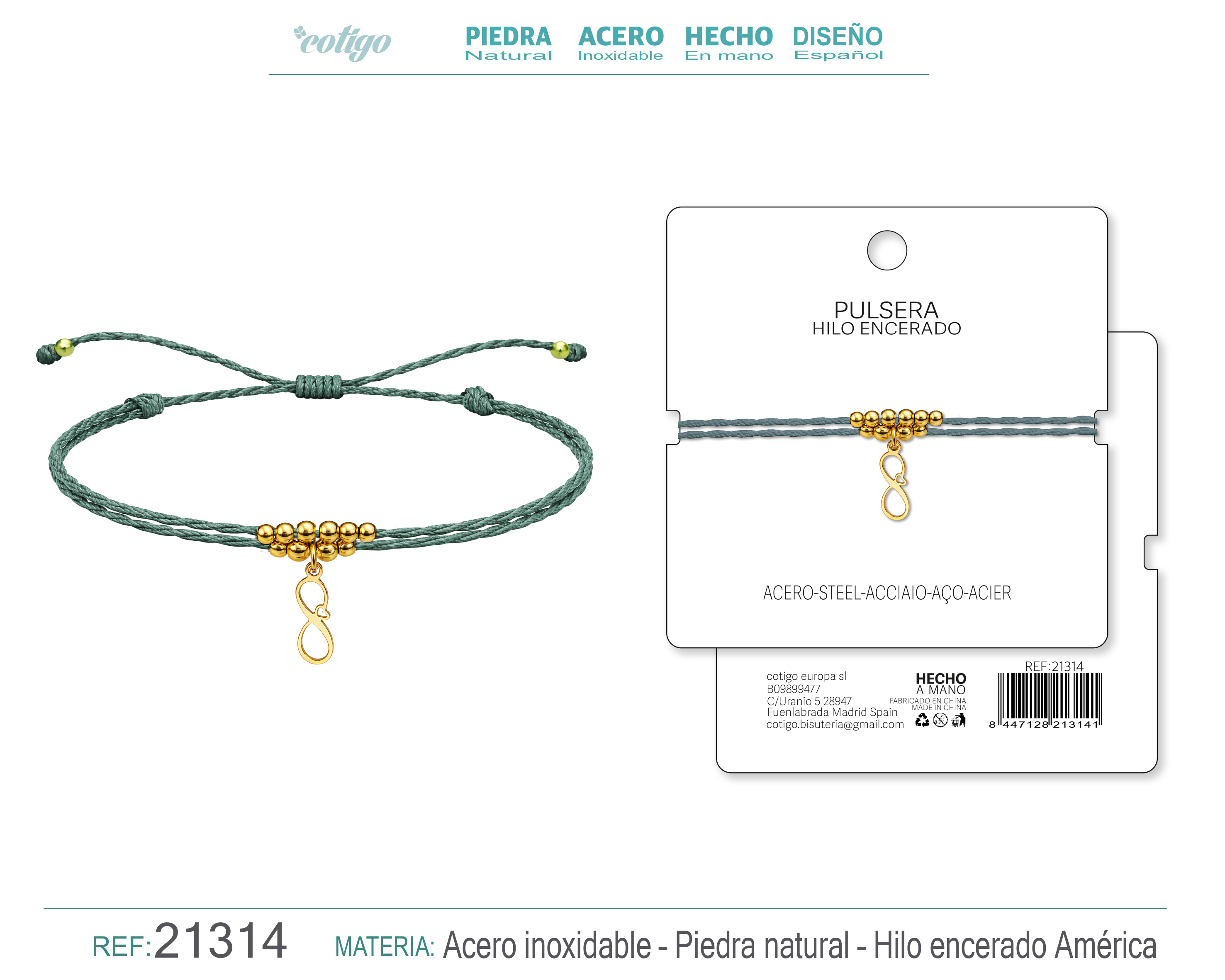 PULSERA HILO ENCERADO CON COLGANTE INFINITO ACERO DORADO