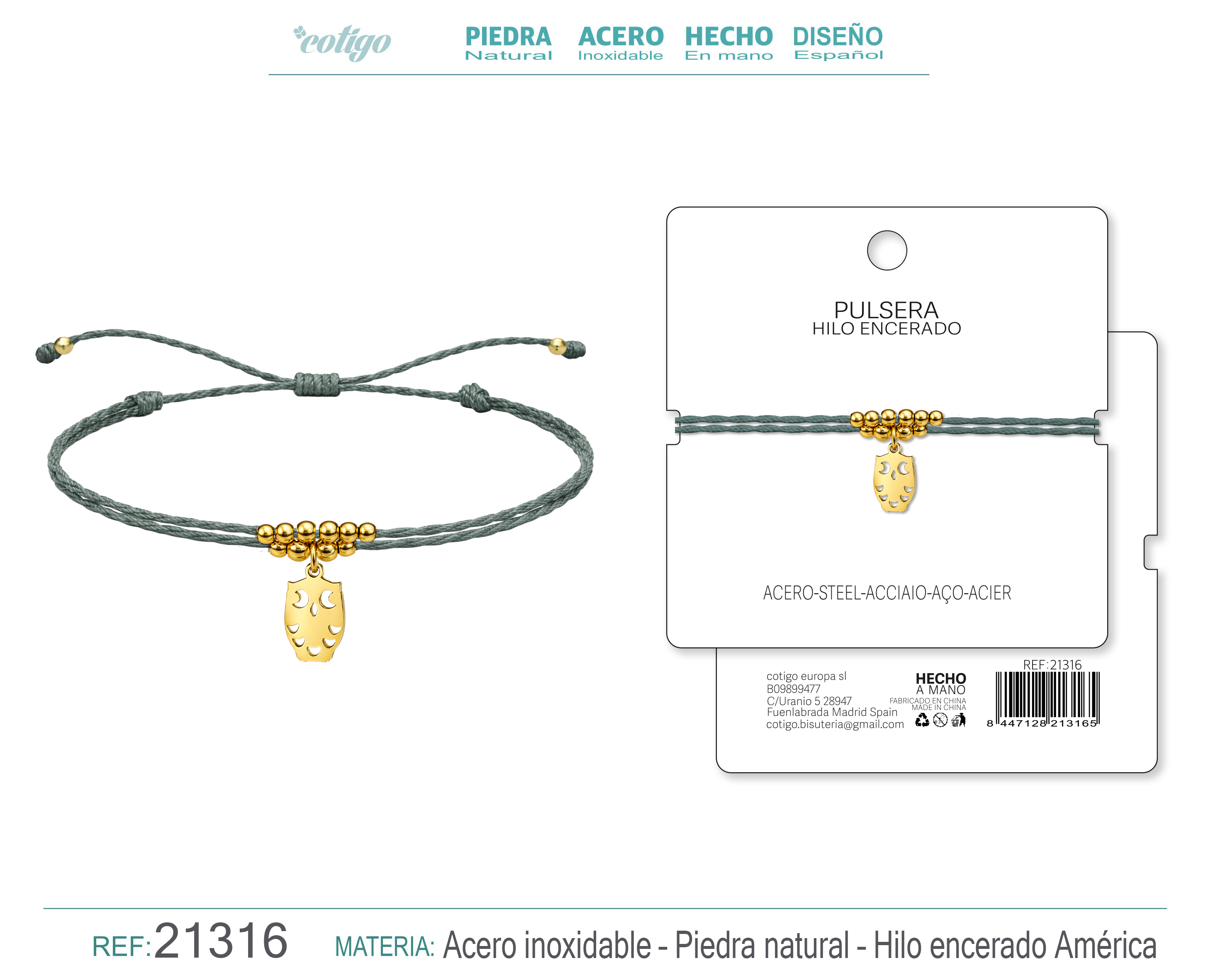 PULSERA HILO ENCERADO CON COLGANTE BUHO ACERO DORADO