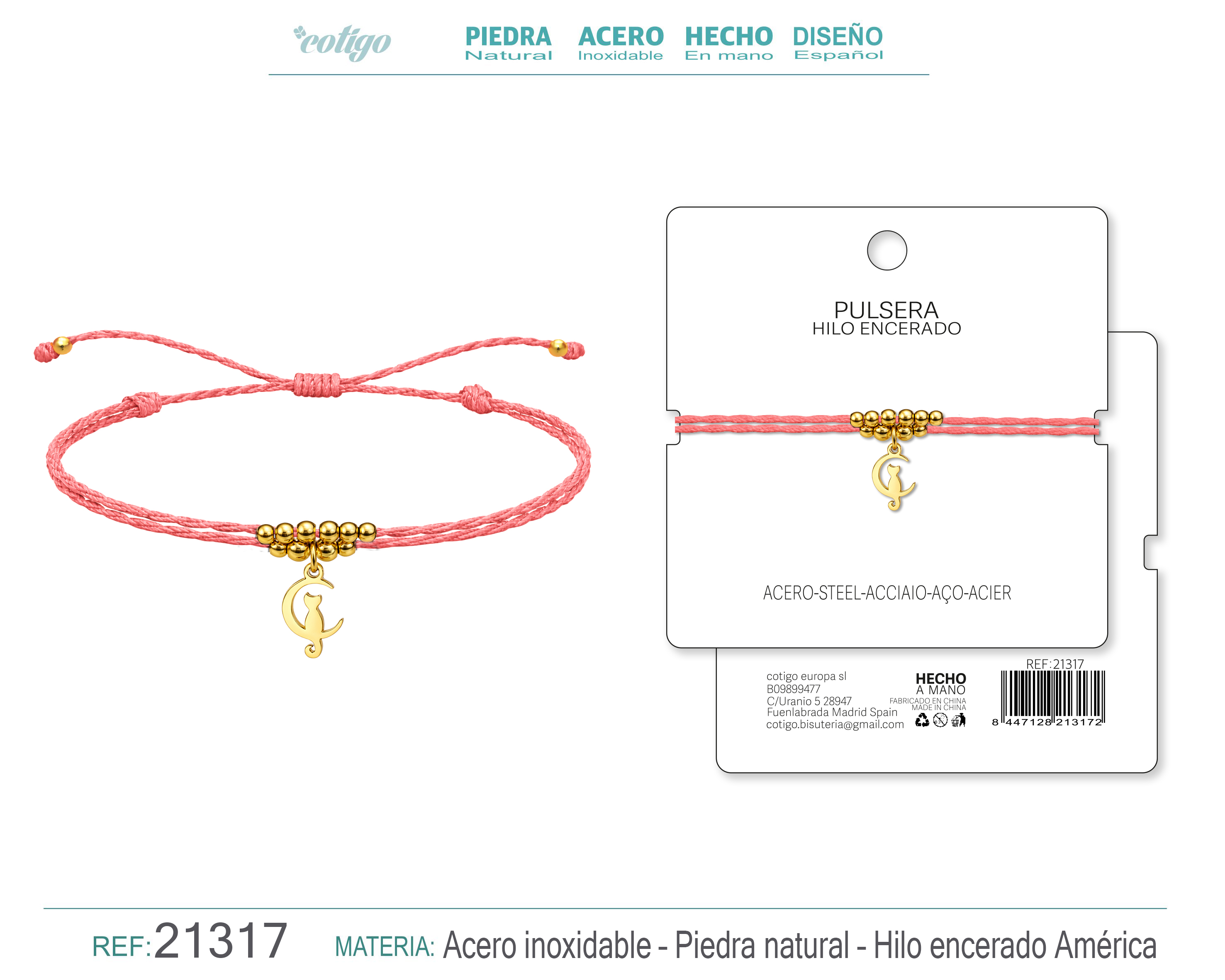PULSERA HILO ENCERADO CON COLGANTE GATO ACERO DORADO