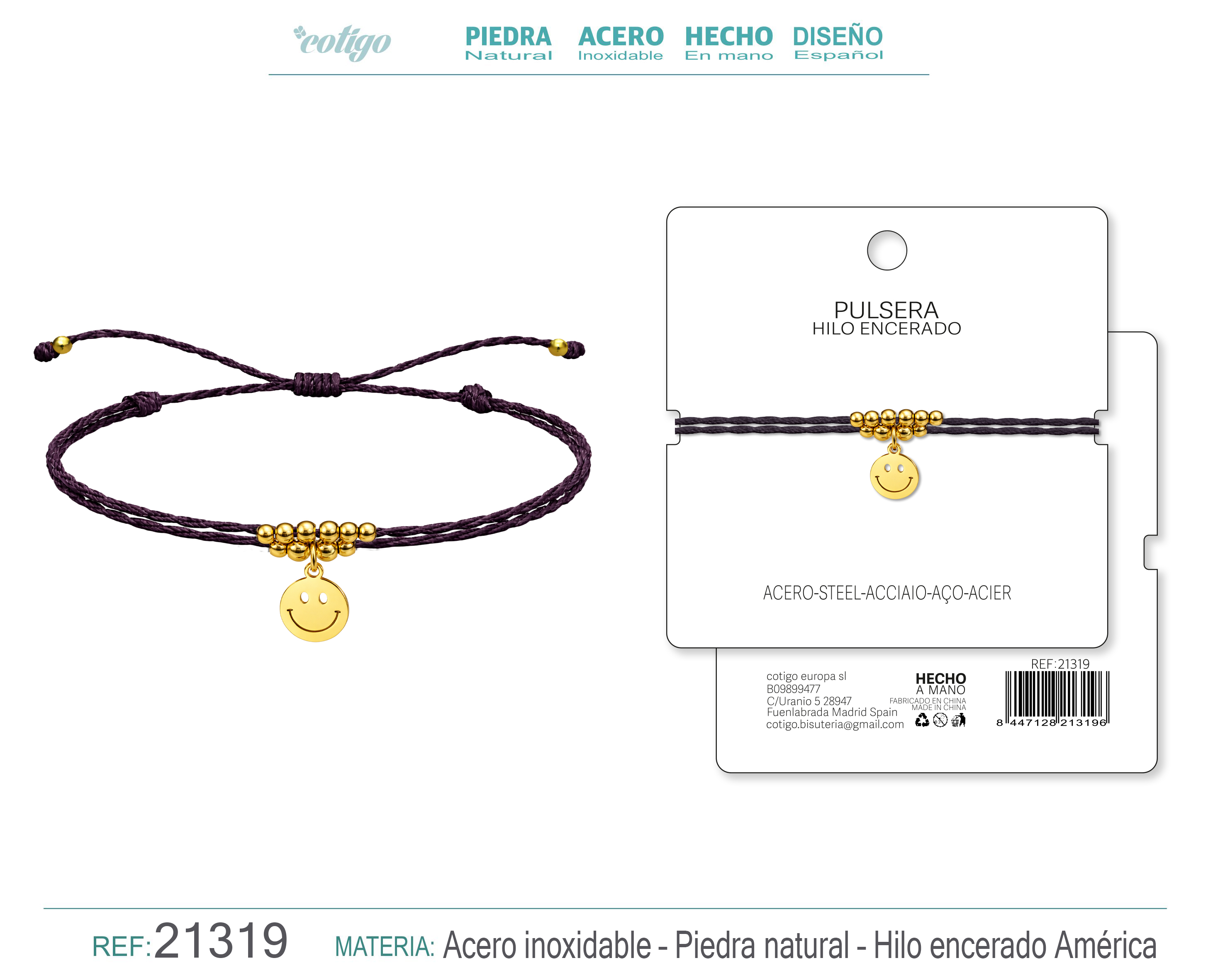 PULSERA HILO ENCERADO CON COLGANTE CARA SONRIENTE ACERO DORADO