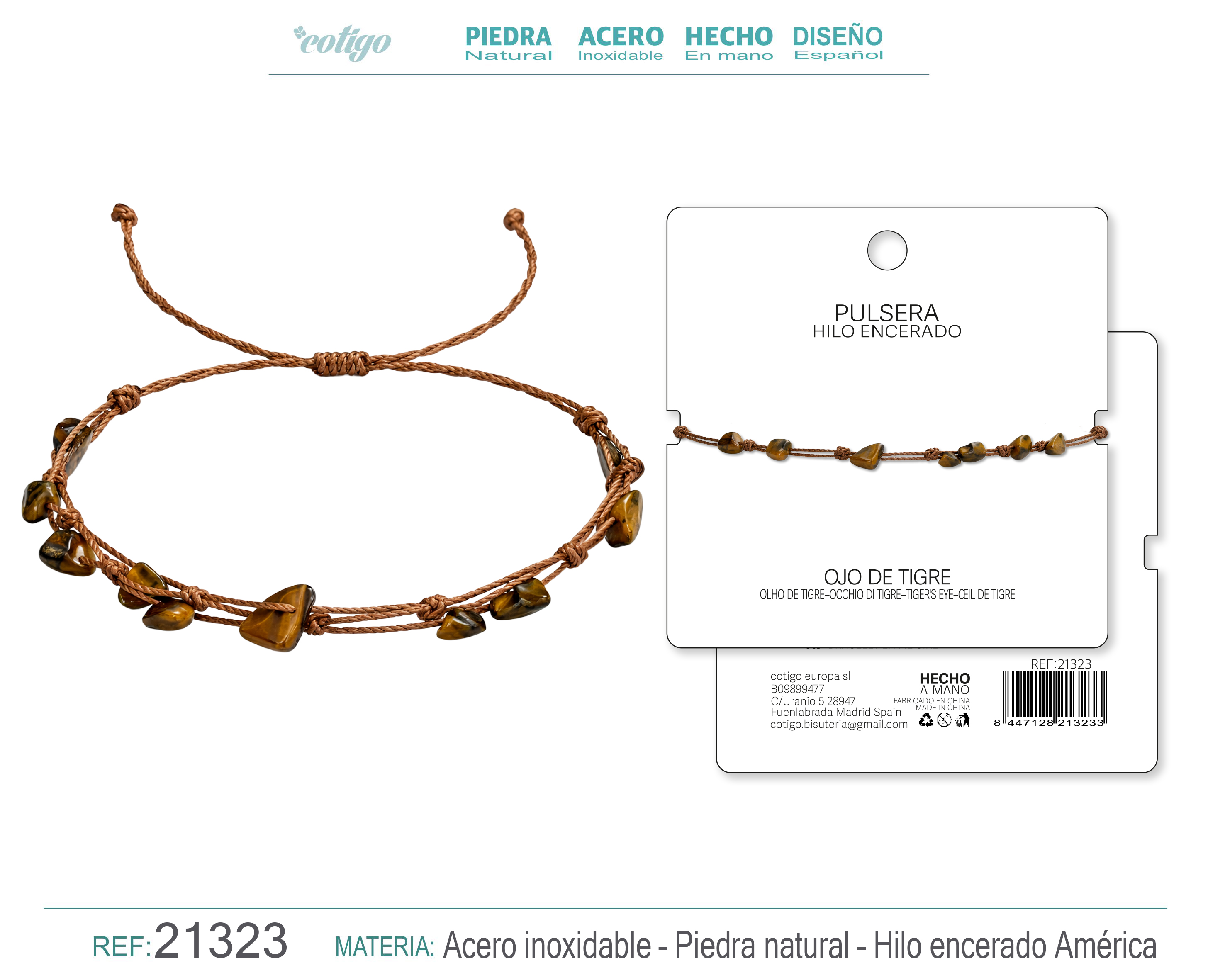 PULSERA HILO ENCERADO CON OJO DE TIGRE