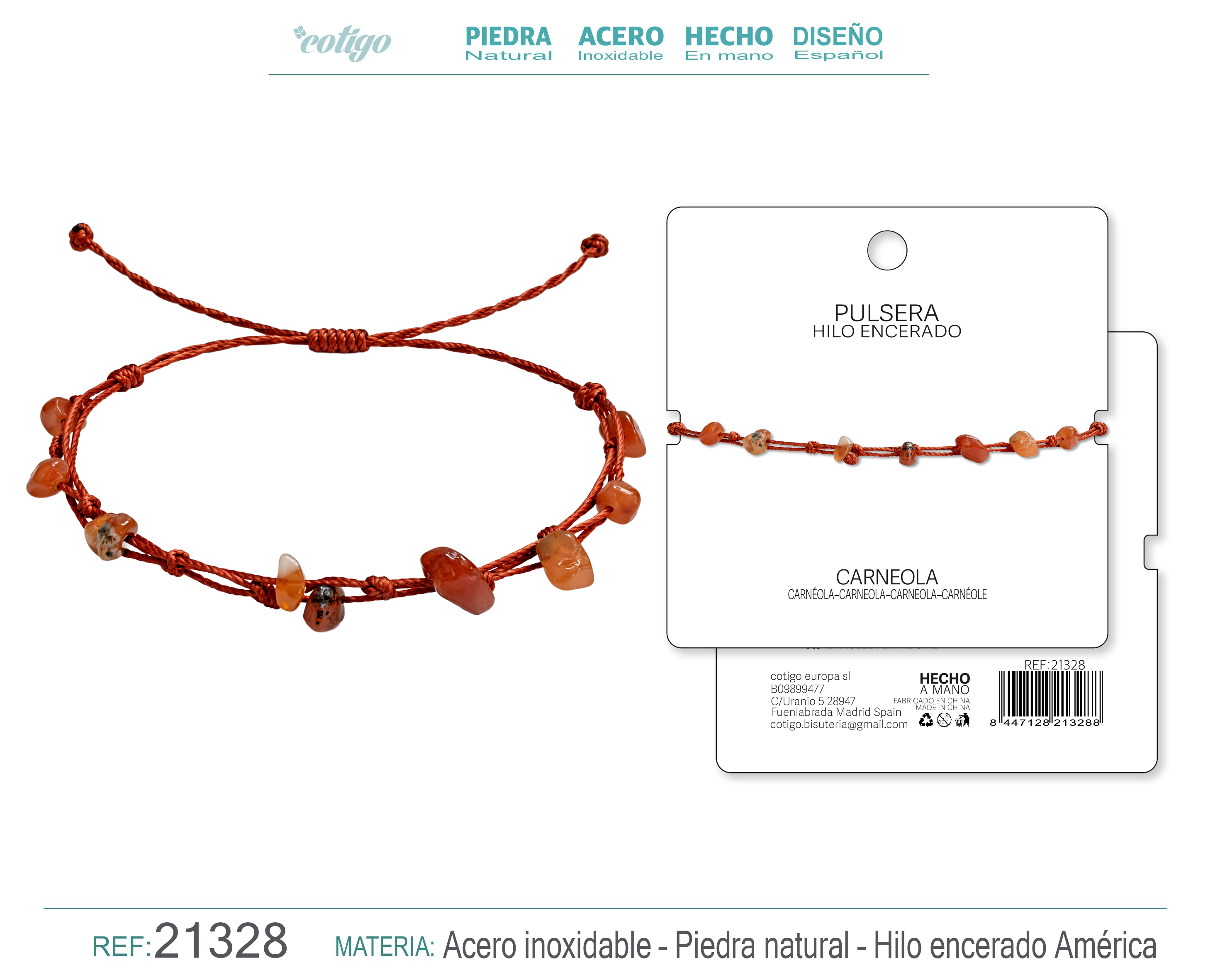 PULSERA HILO ENCERADO CON CARNEOLA