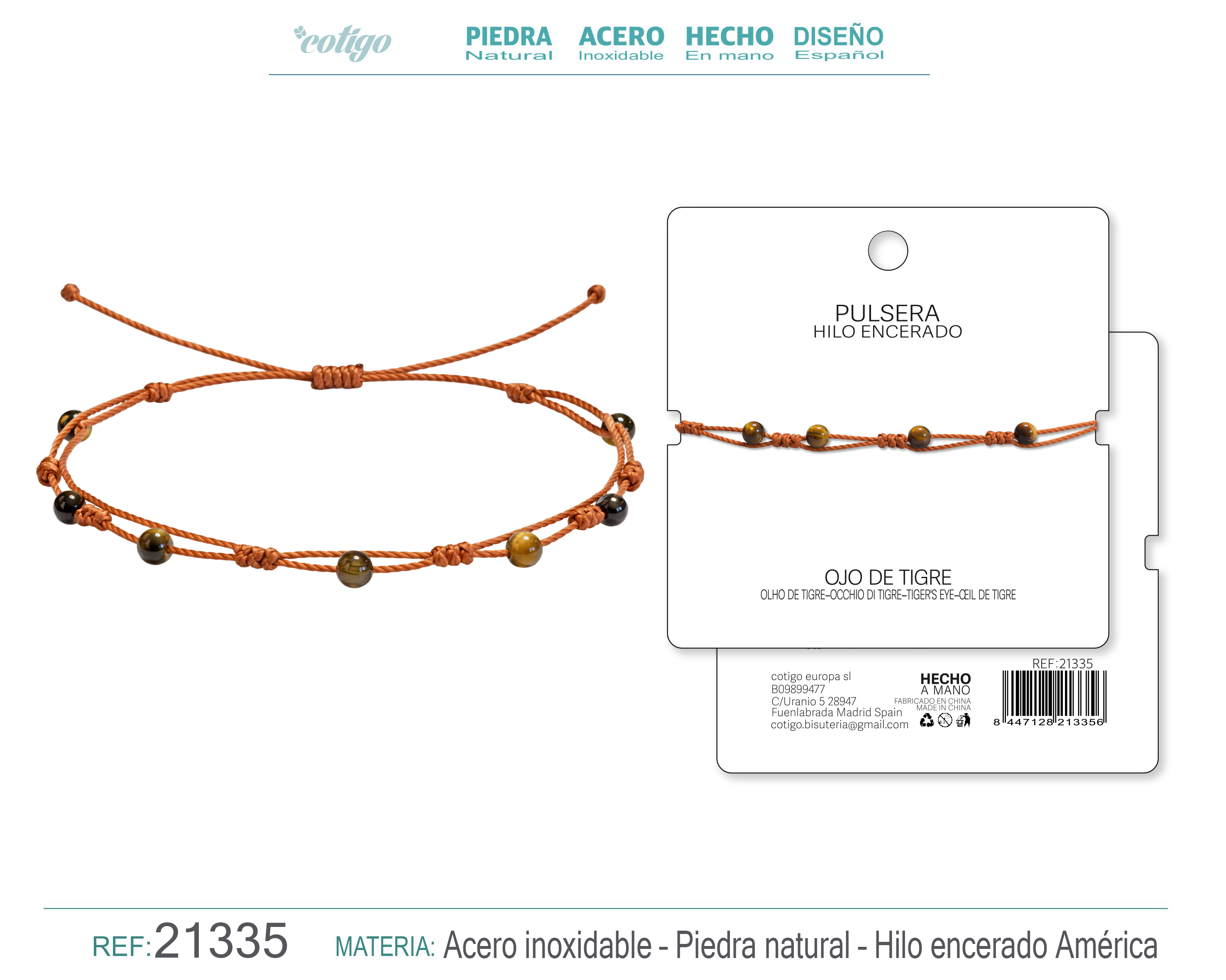 PULSERA HILO ENCERADO CON OJO DE TIGRE