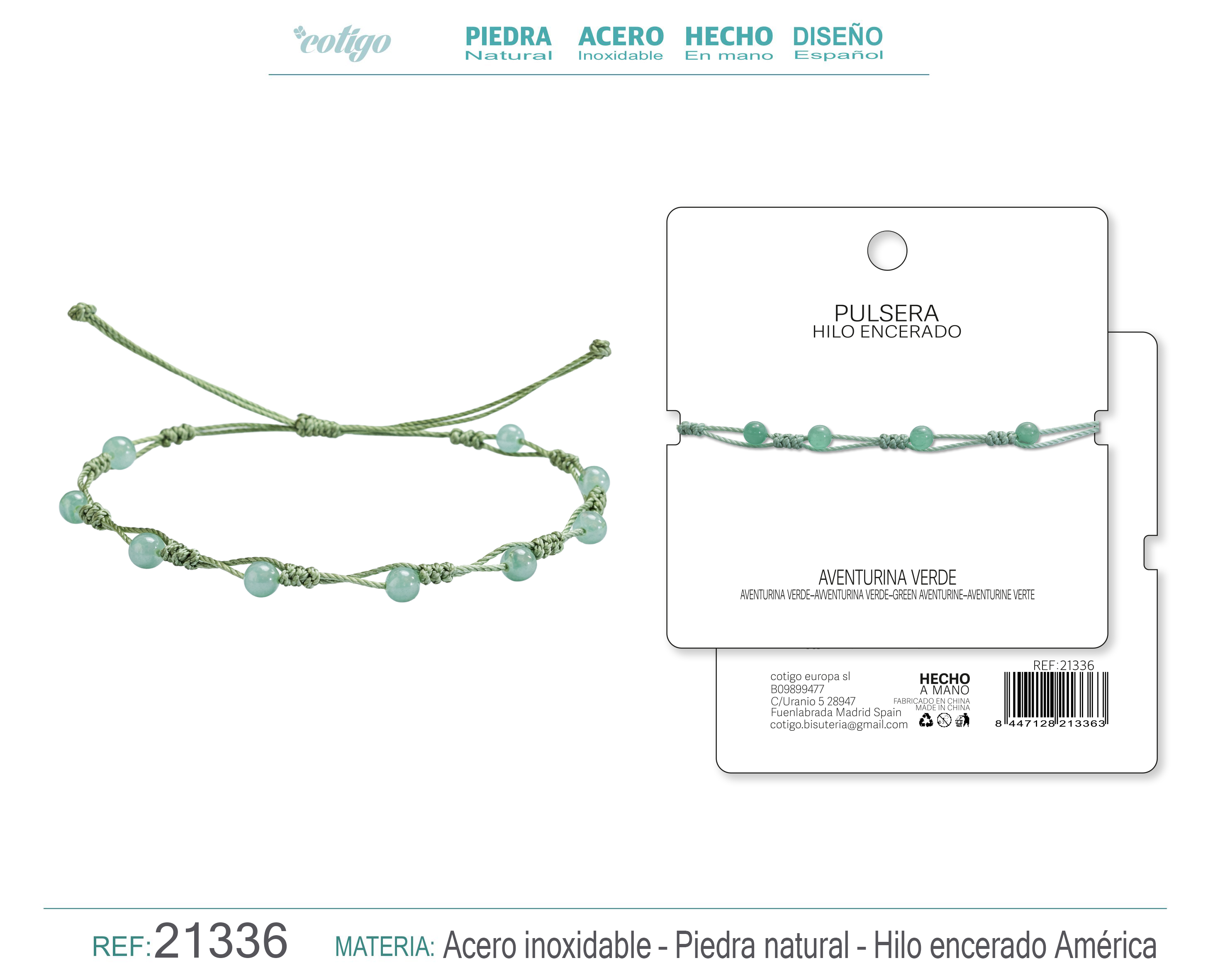 PULSERA HILO ENCERADO CON AVENTURINA VERDE