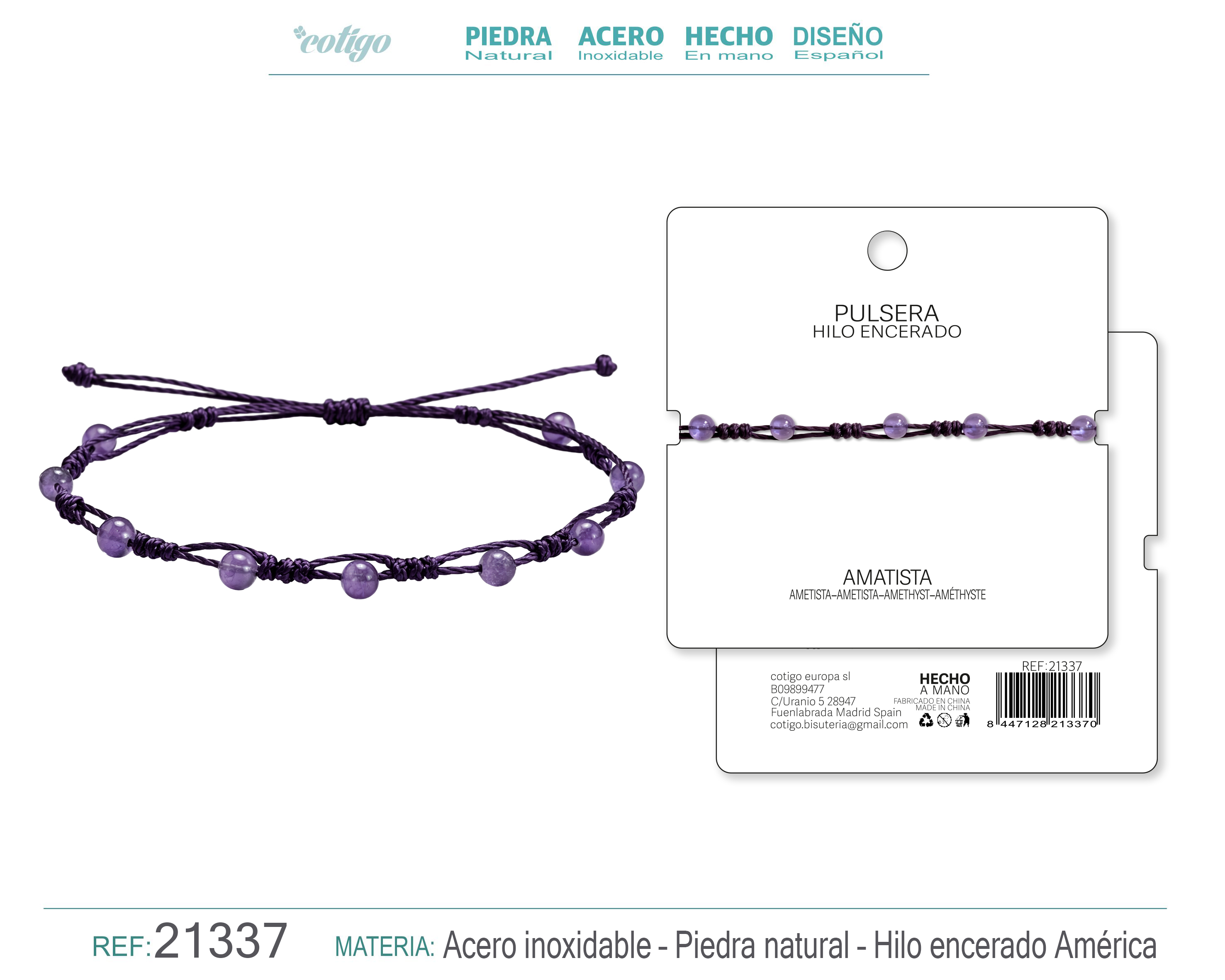 PULSERA HILO ENCERADO CON AMATISTA