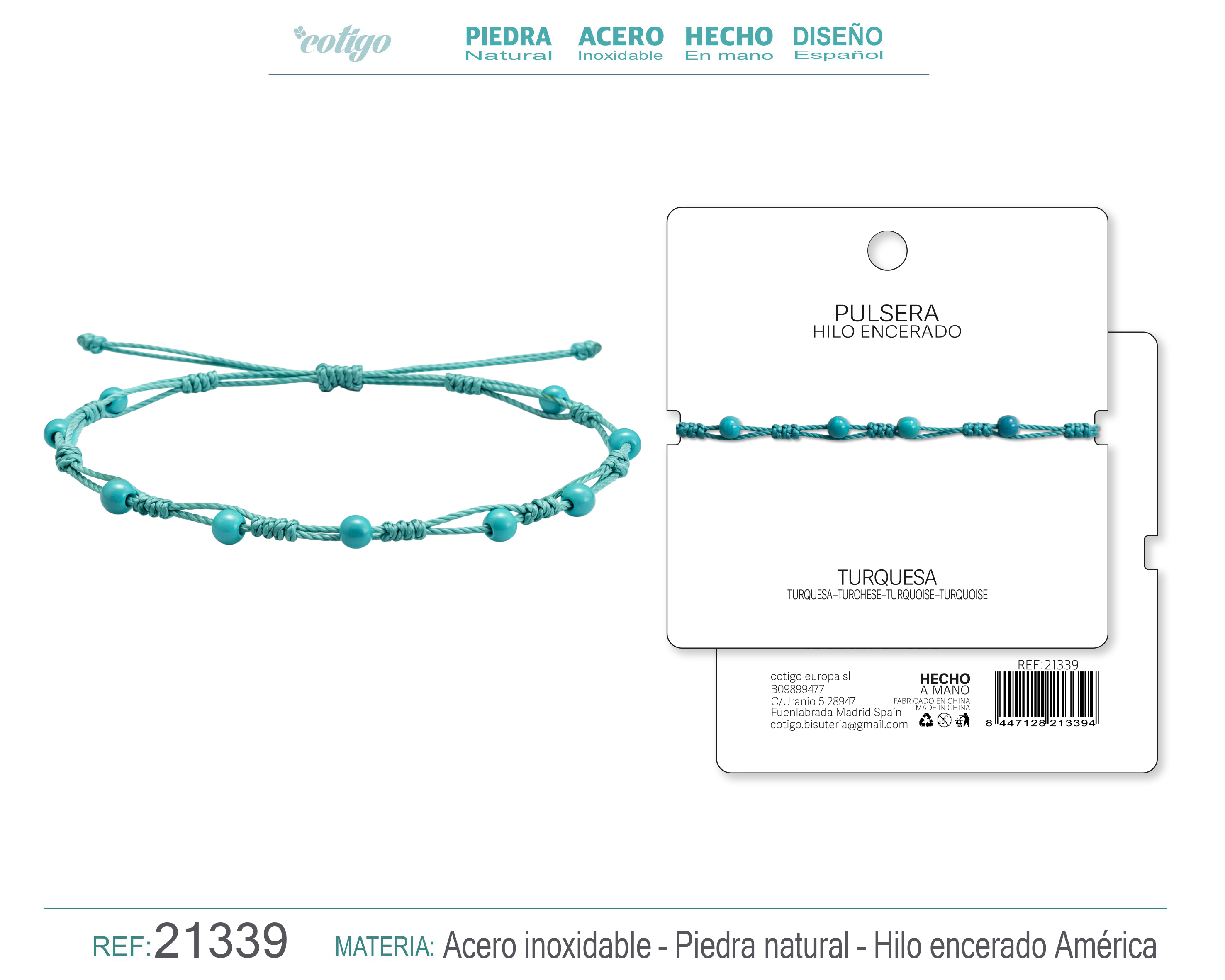 PULSERA HILO ENCERADO CON TURQUESA