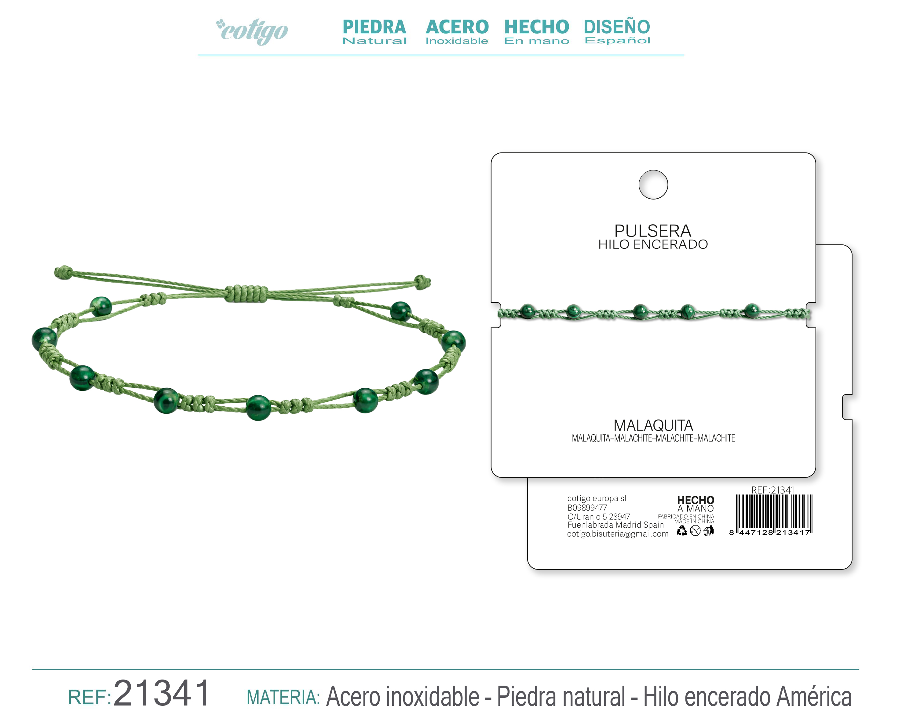 PULSERA HILO ENCERADO CON MALAQUITA