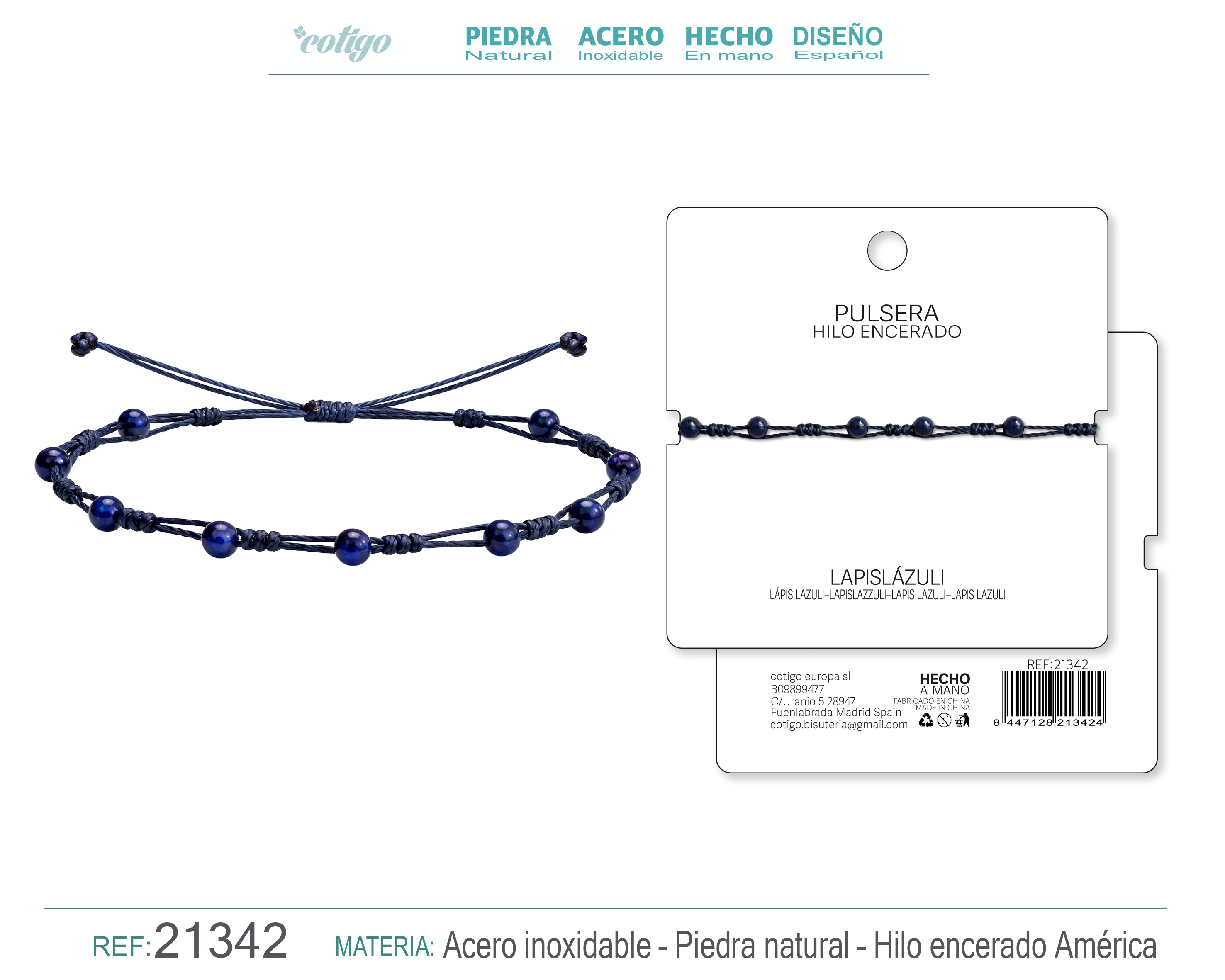 PULSERA HILO ENCERADO CON LAPIZRAZURI