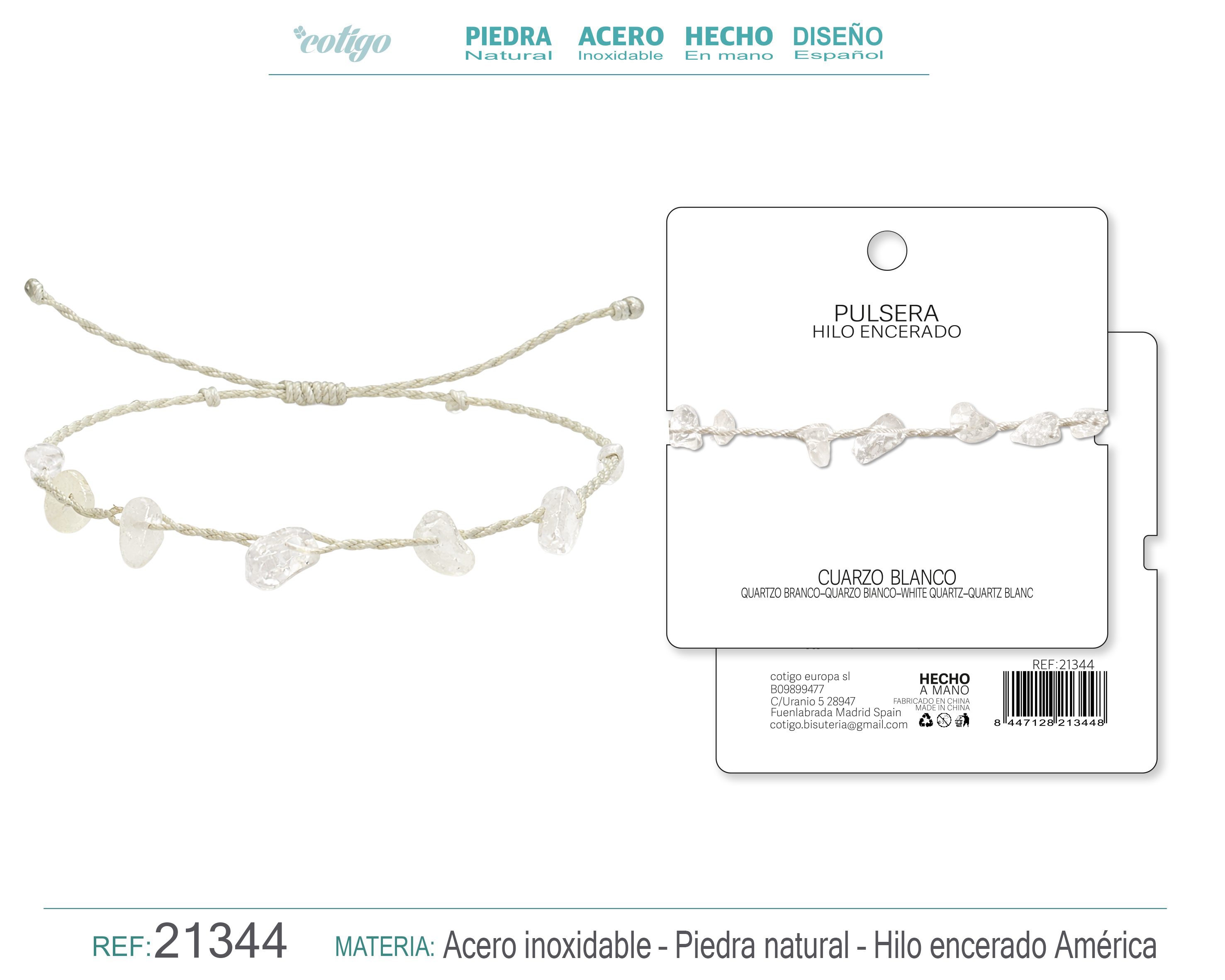 PULSERA HILO ENCERADO CON CUARZO BLANCO