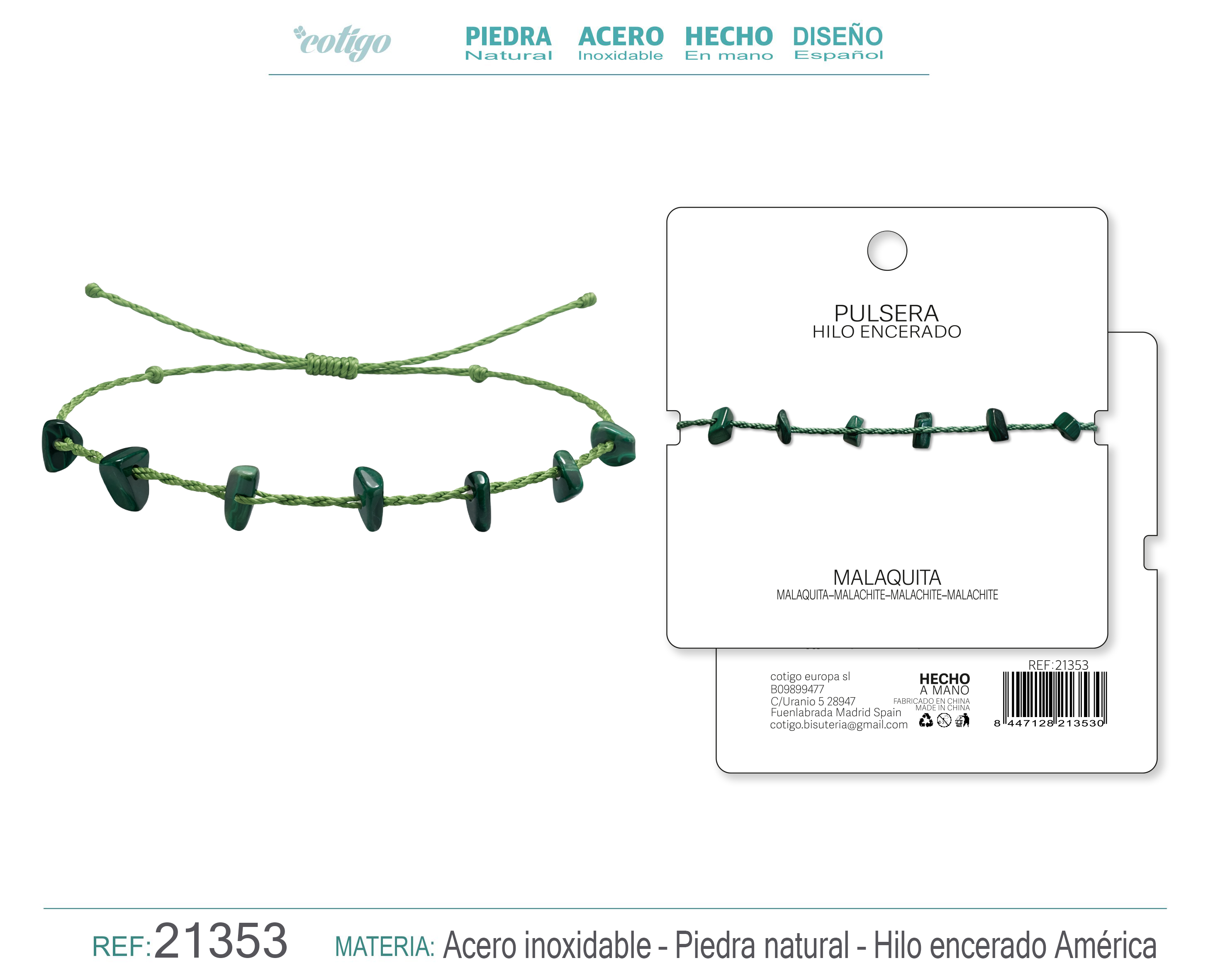 PULSERA HILO ENCERADO CON MALAQUITA
