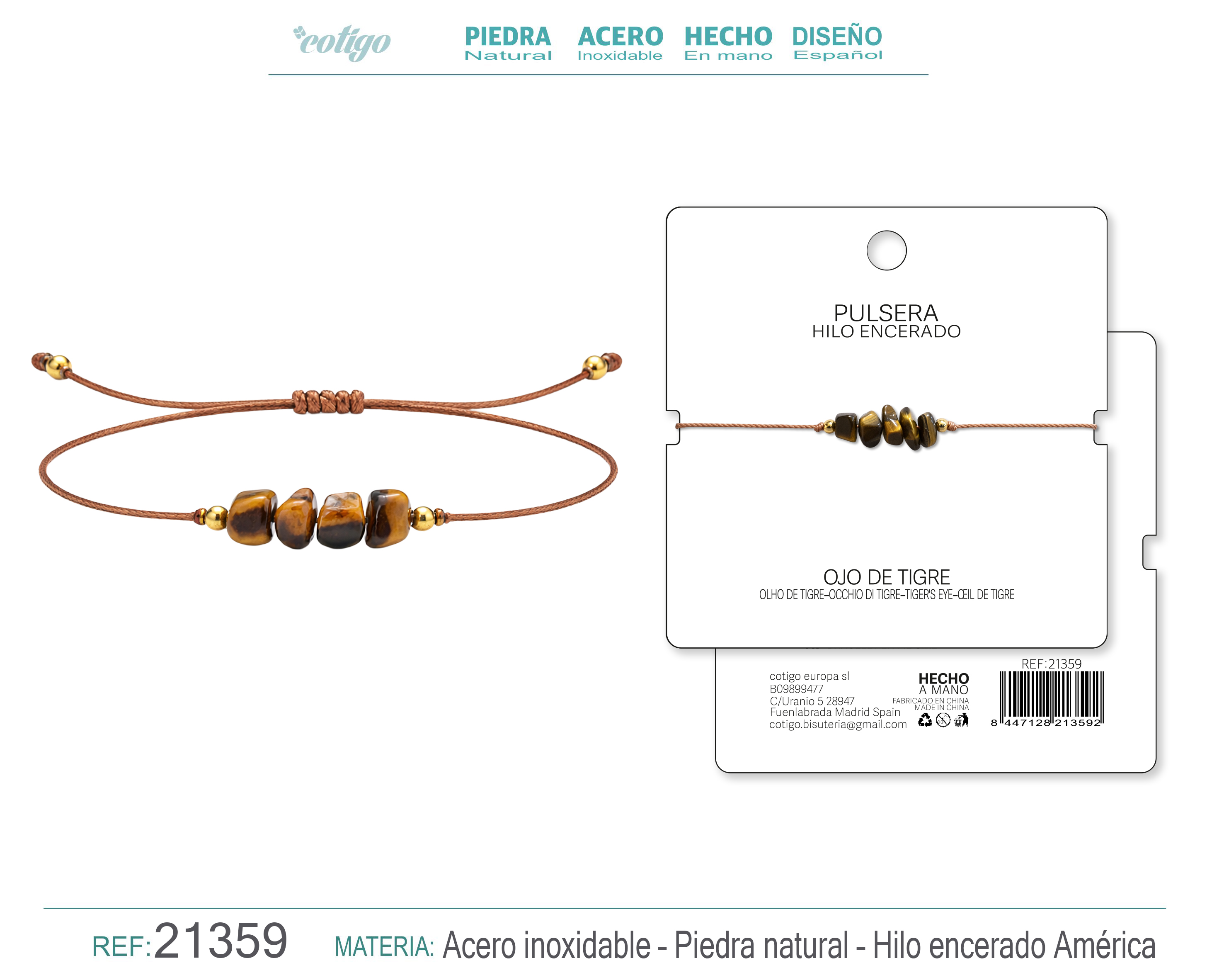 PULSERA HILO ENCERADO CON OJO DE TIGRE