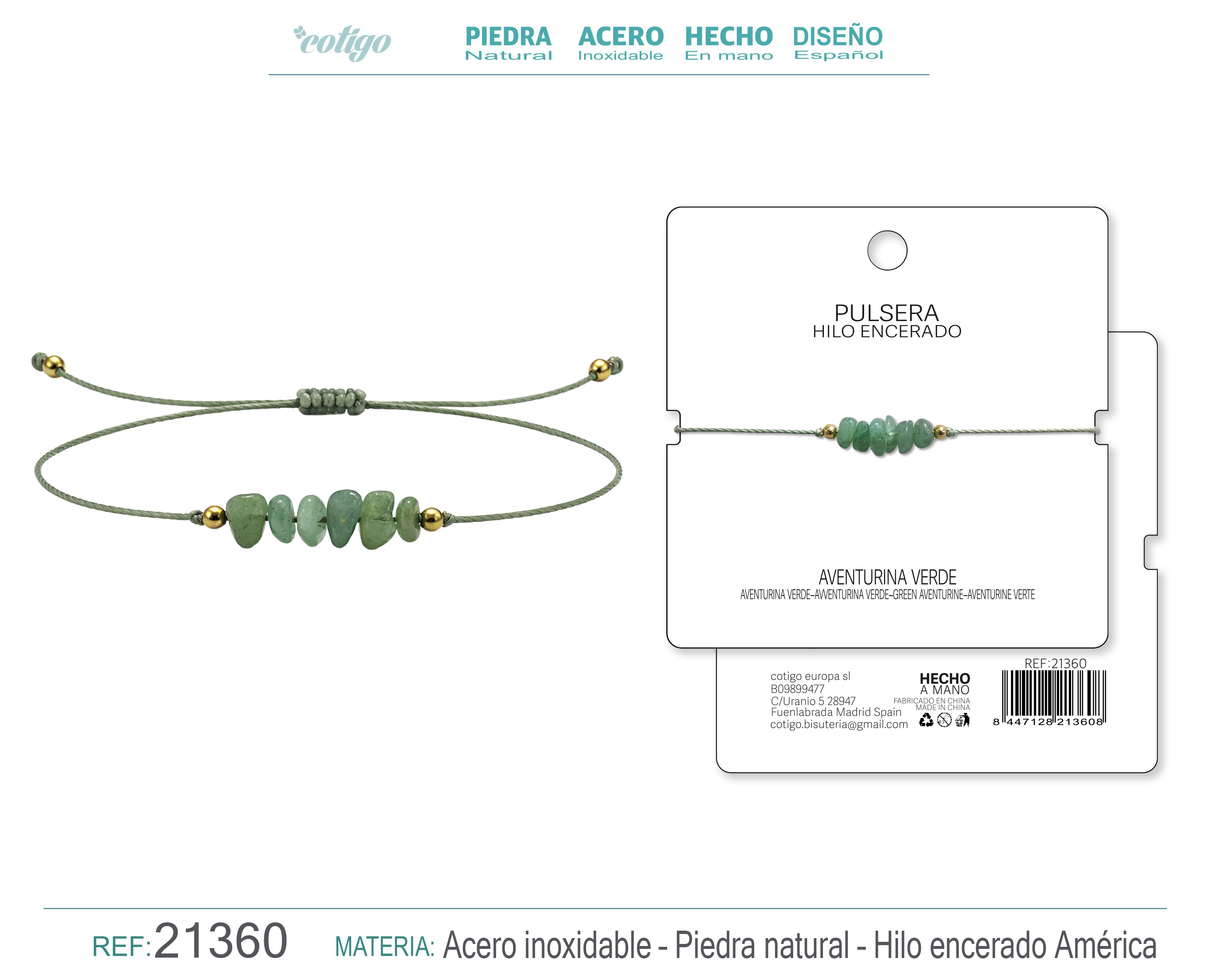 PULSERA HILO ENCERADO CON AVENTURINA VERDE