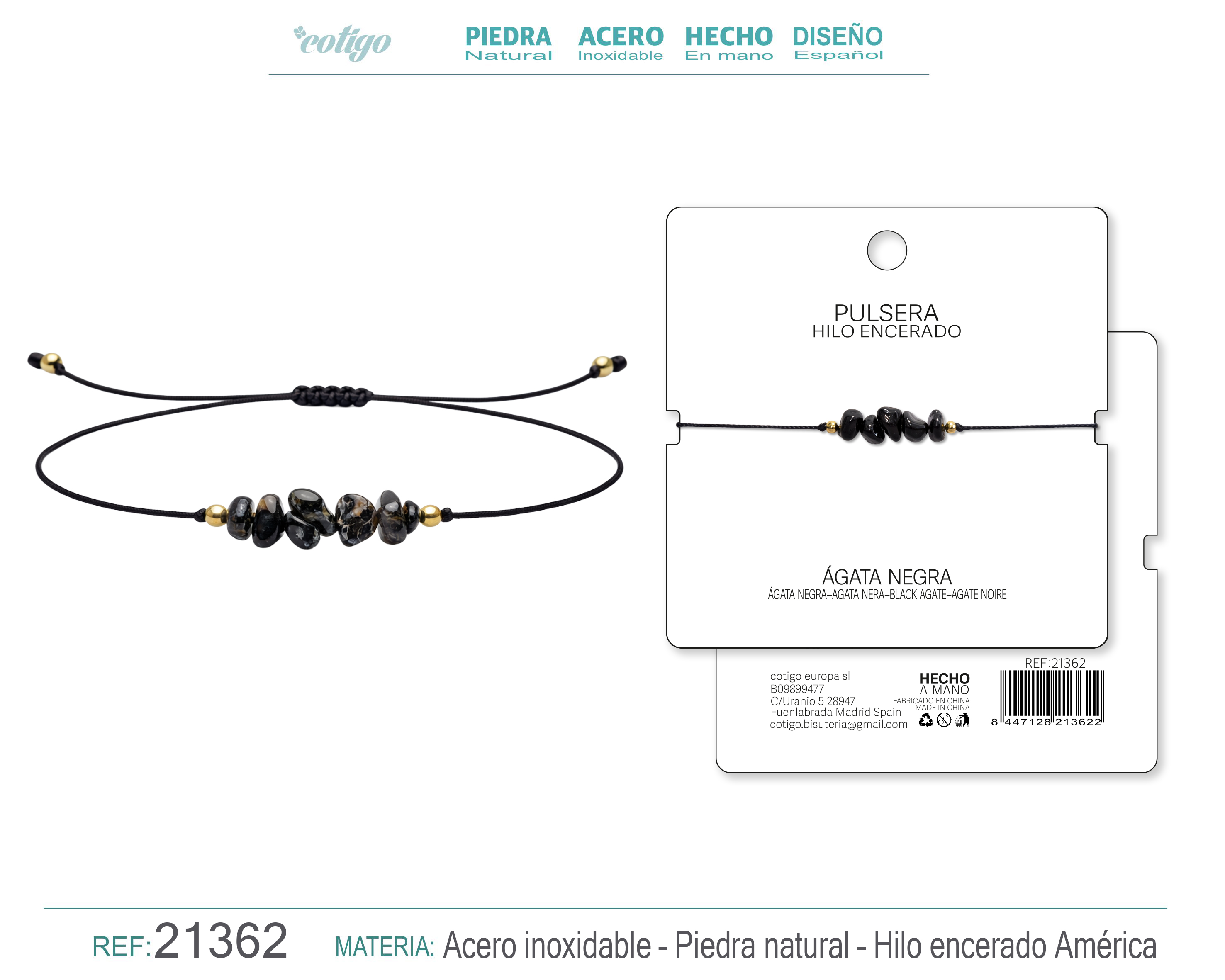 PULSERA HILO ENCERADO CON AGATA NEGRA