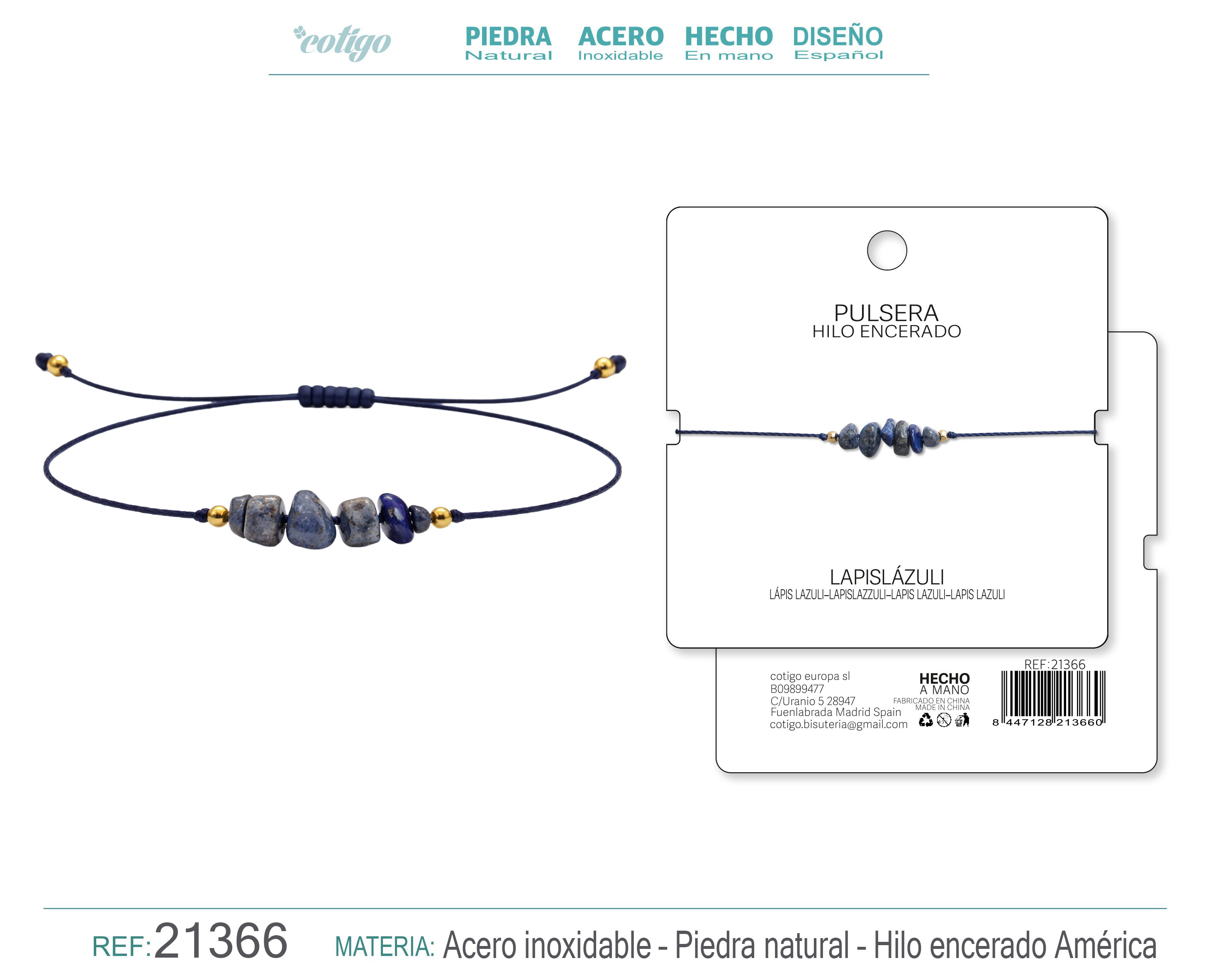 PULSERA HILO ENCERADO CON LAPIZRAZURI