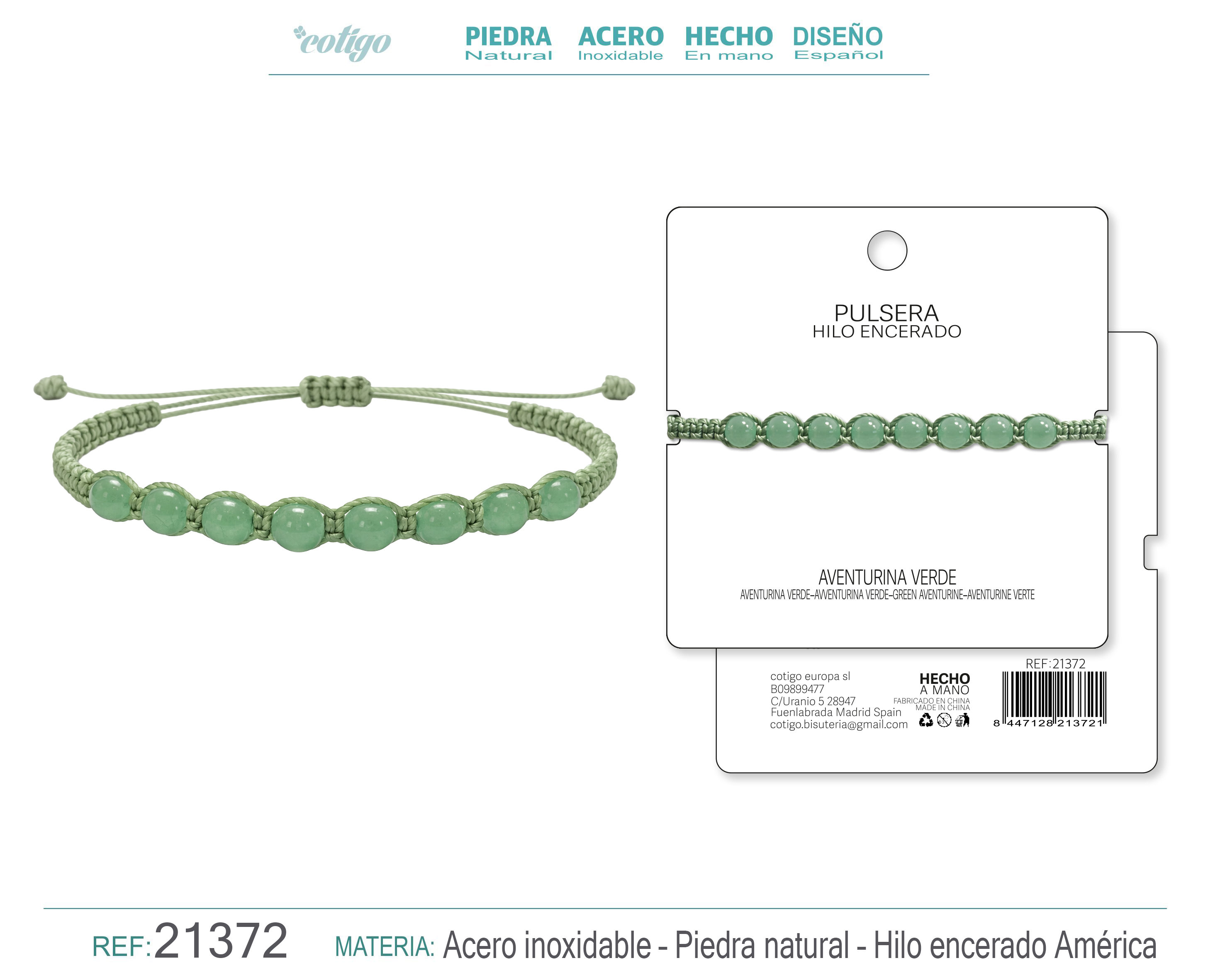PULSERA HILO ENCERADO CON AVENTURINA VERDE