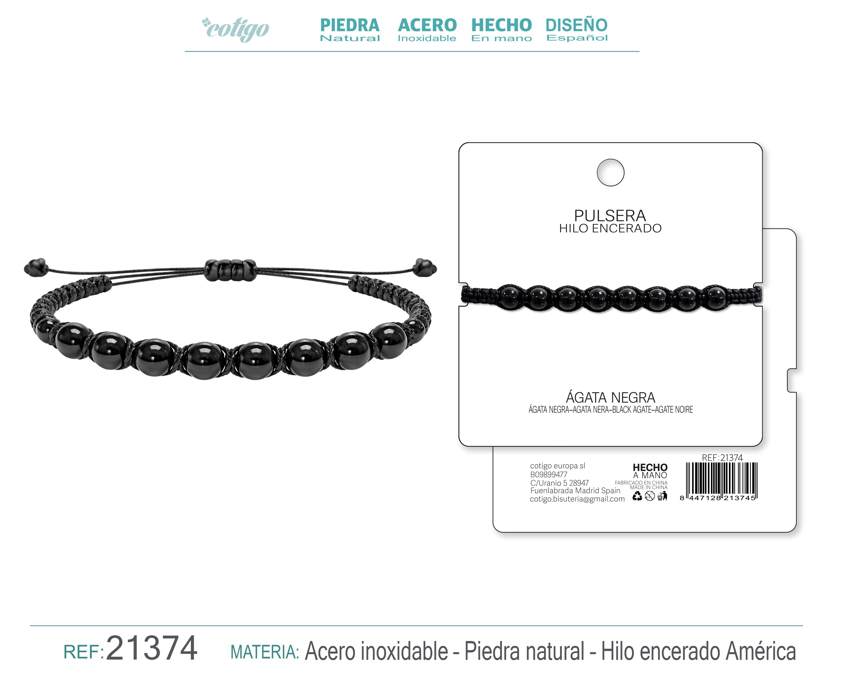 PULSERA HILO ENCERADO CON AGATA NEGRA