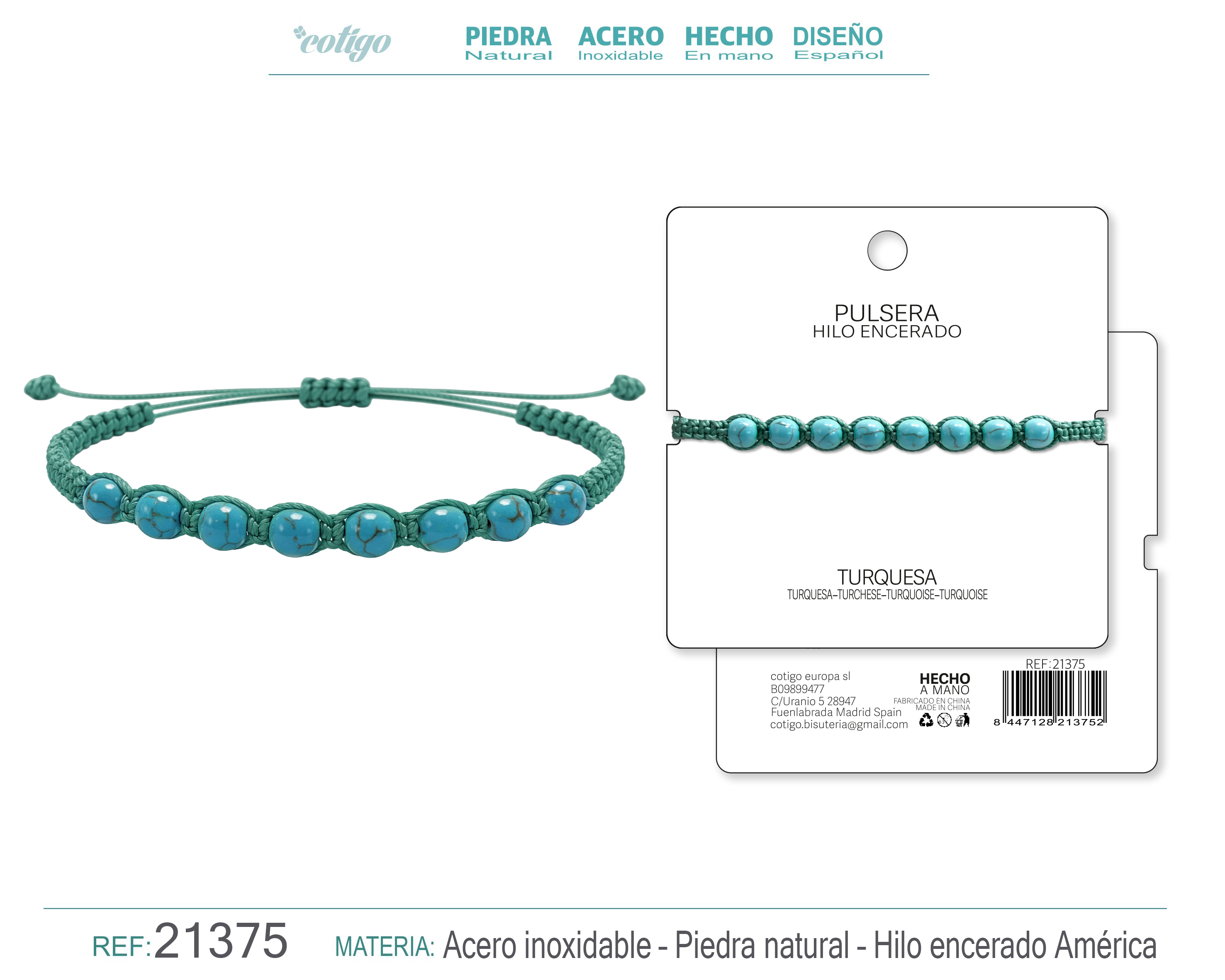 PULSERA HILO ENCERADO CON TURQUESA