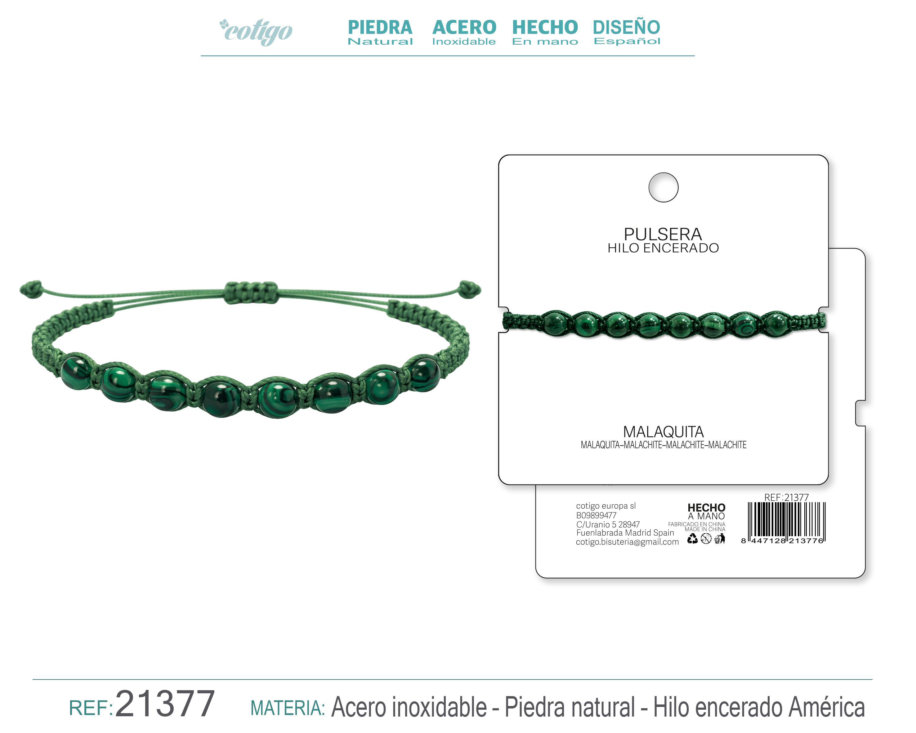 PULSERA HILO ENCERADO CON MALAQUITA