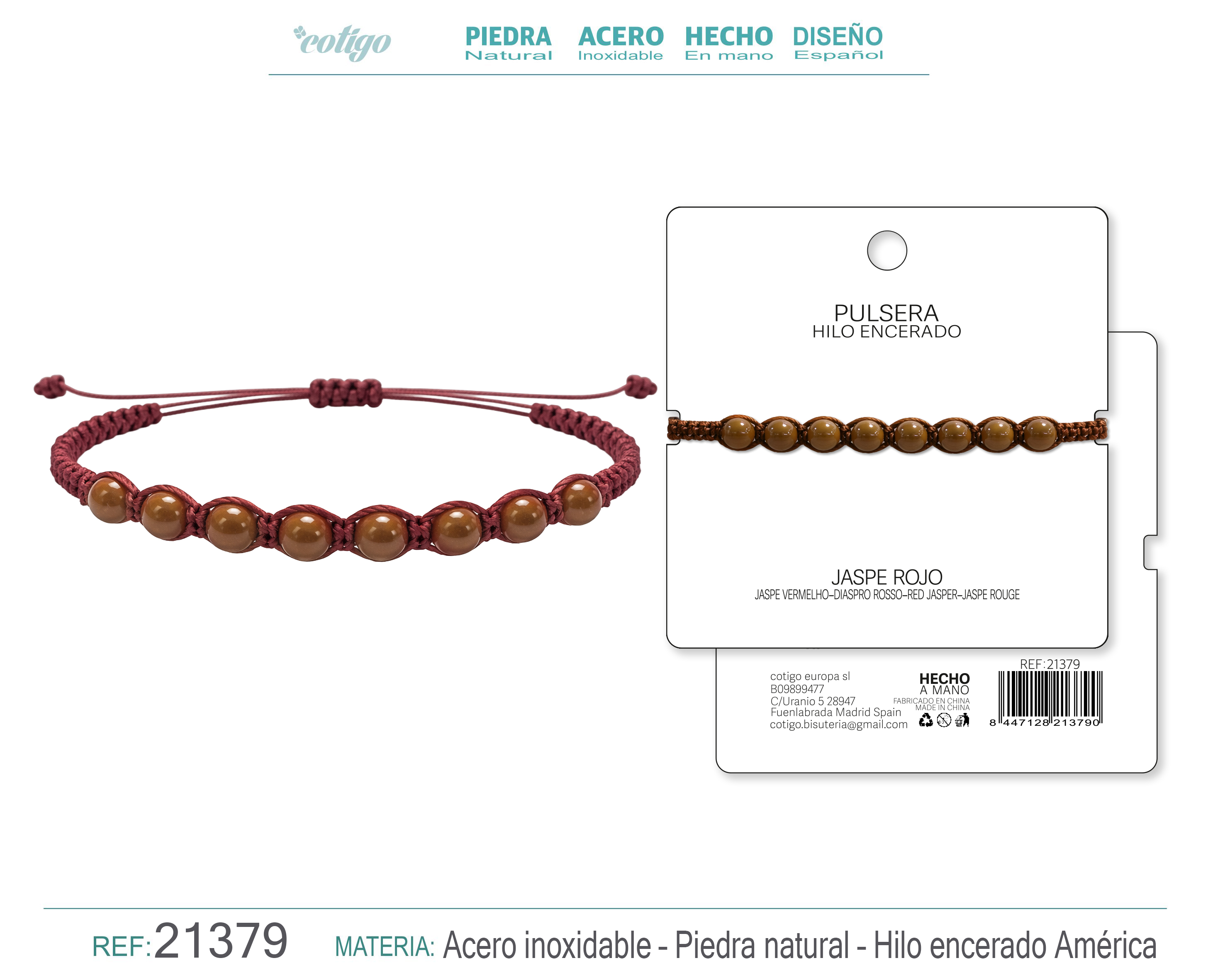 PULSERA HILO ENCERADO CON JASPE ROO
