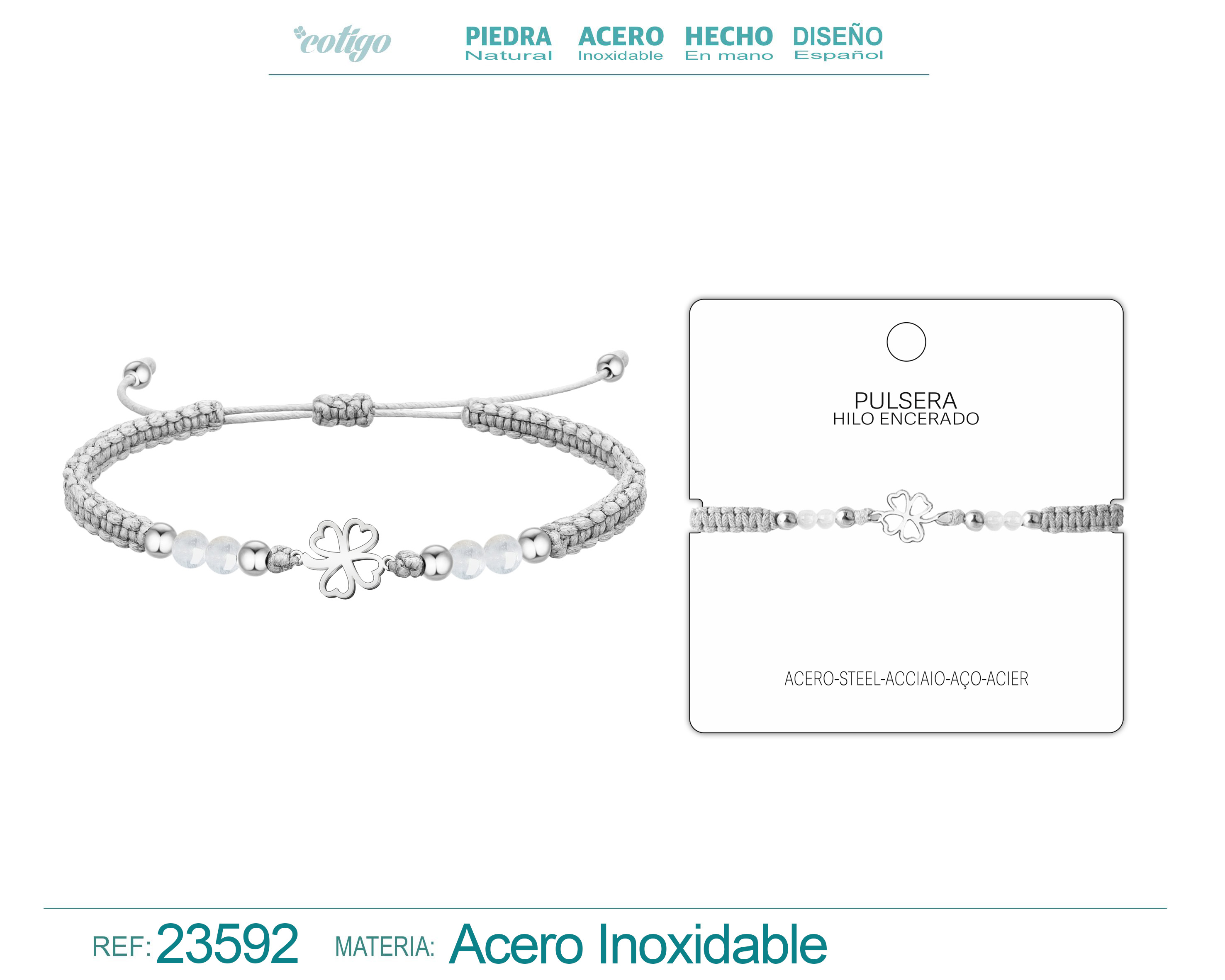 PULSERA HILO ENCERADO CON CUARZO BLANCO Y TREBOL DE SUERTE ACERO