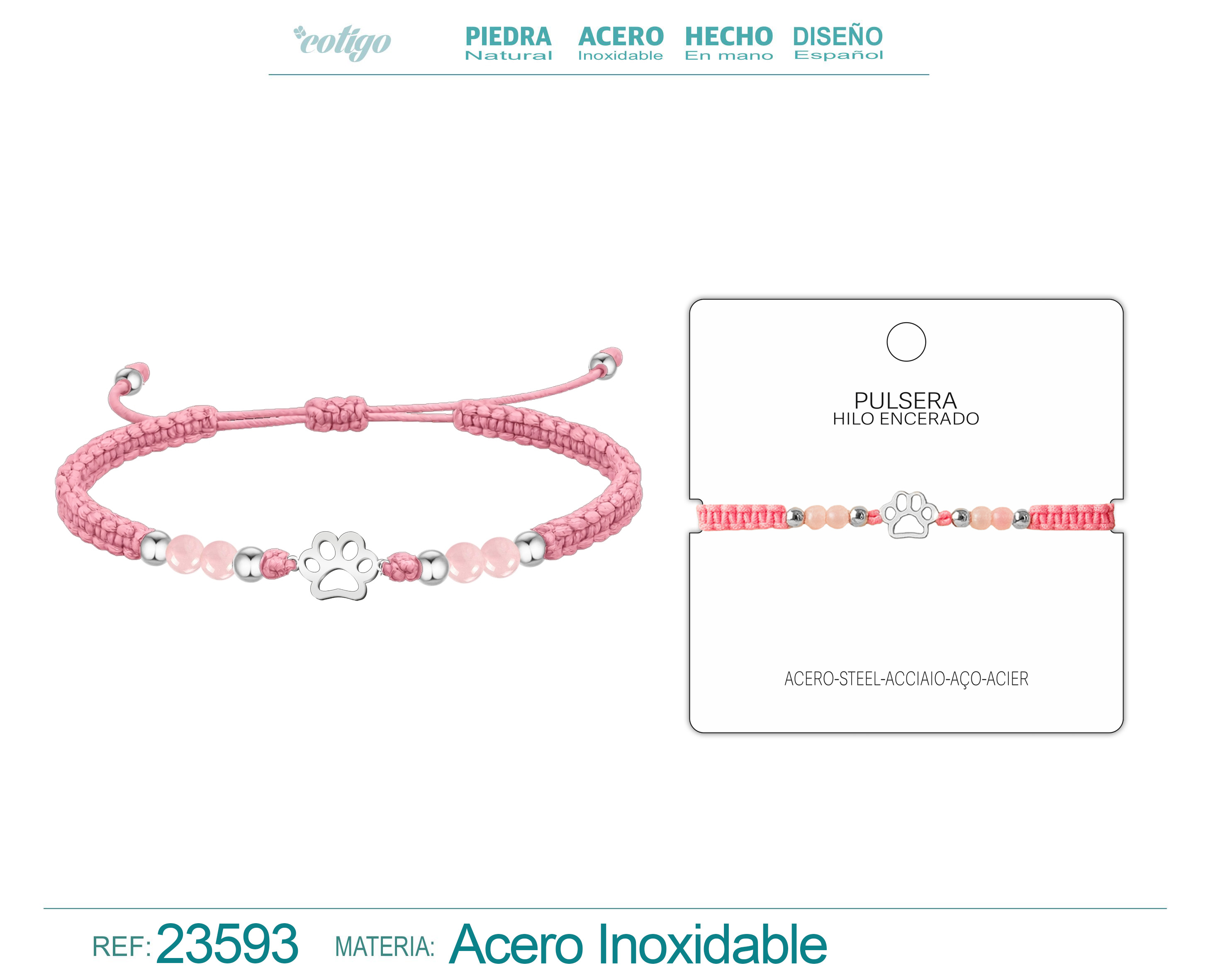PULSERA HILO ENCERADO CON CUARZO ROSA Y PATO DE GATO ACERO