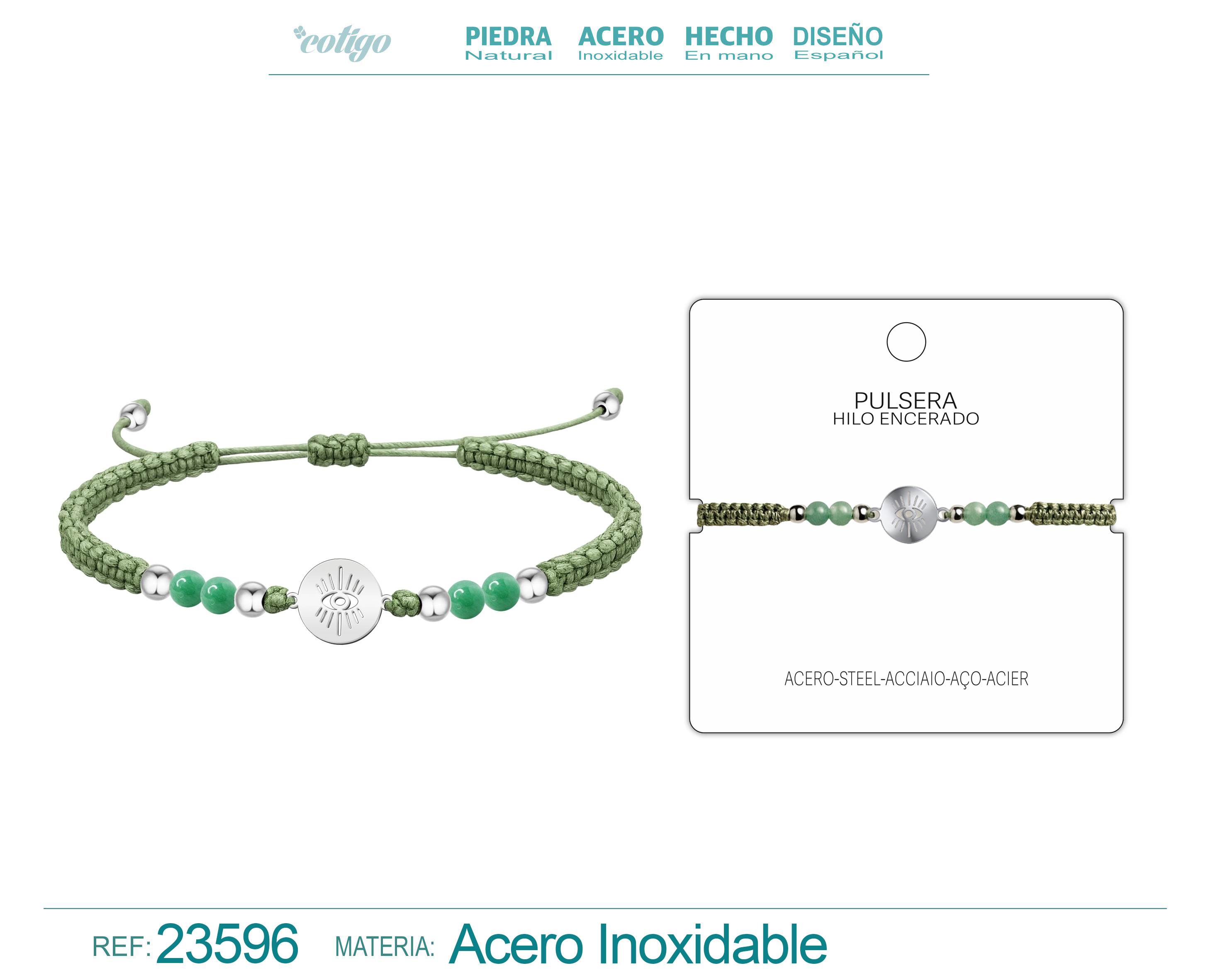 PULSERA HILO ENCERADO CON AVENTURINA VERDE Y OJO DE TURCO ACERO