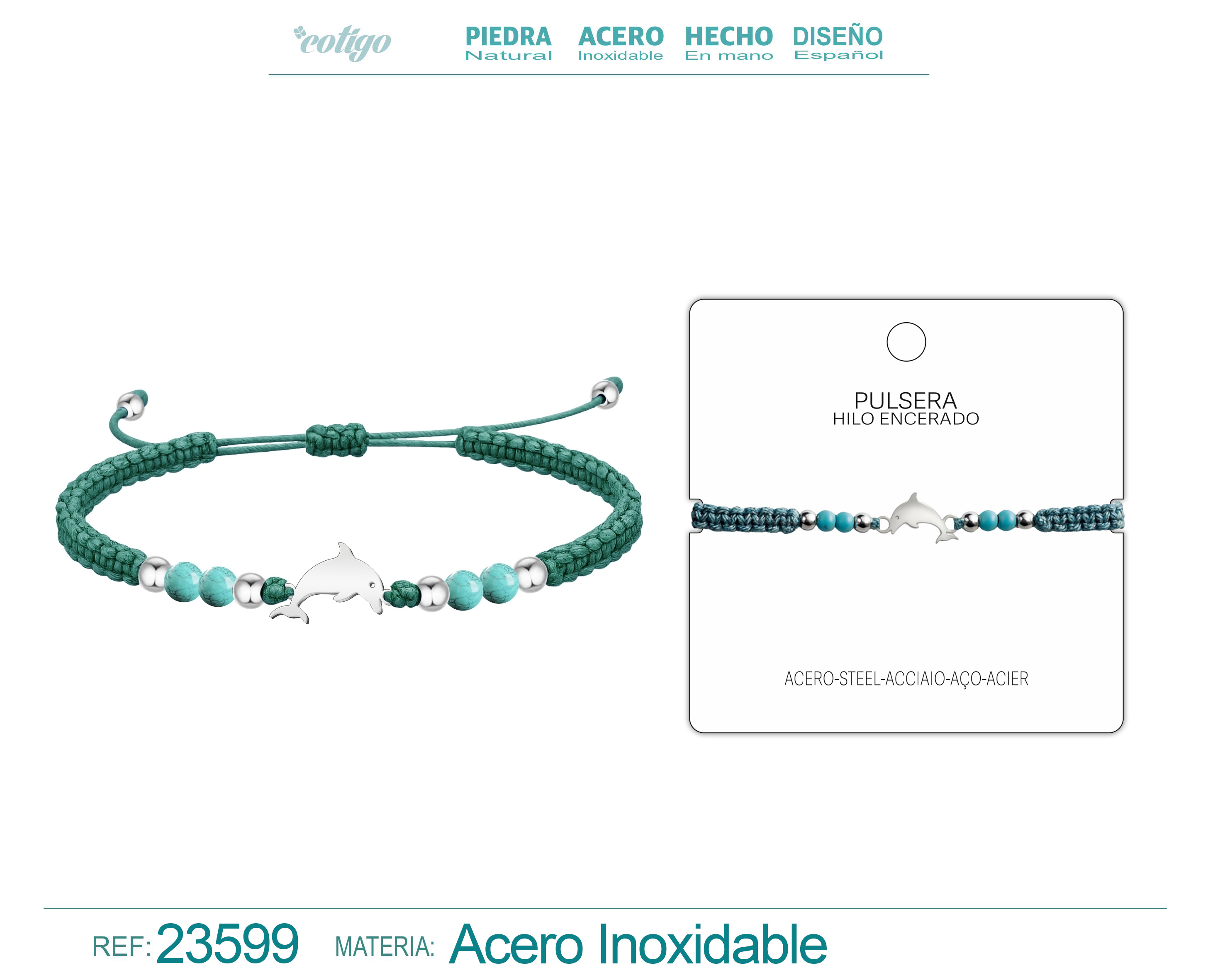 PULSERA HILO ENCERADO CON TURQUESA Y DLEFIN ACERO