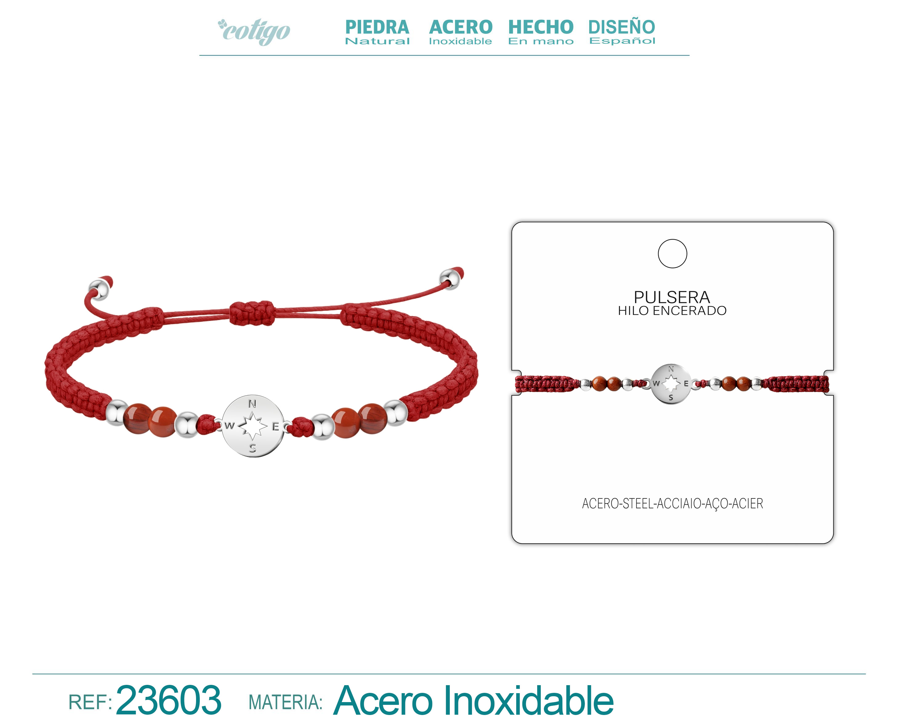 PULSERA HILO ENCERADO CON JASPE ROJO Y BRUJULA ACERO