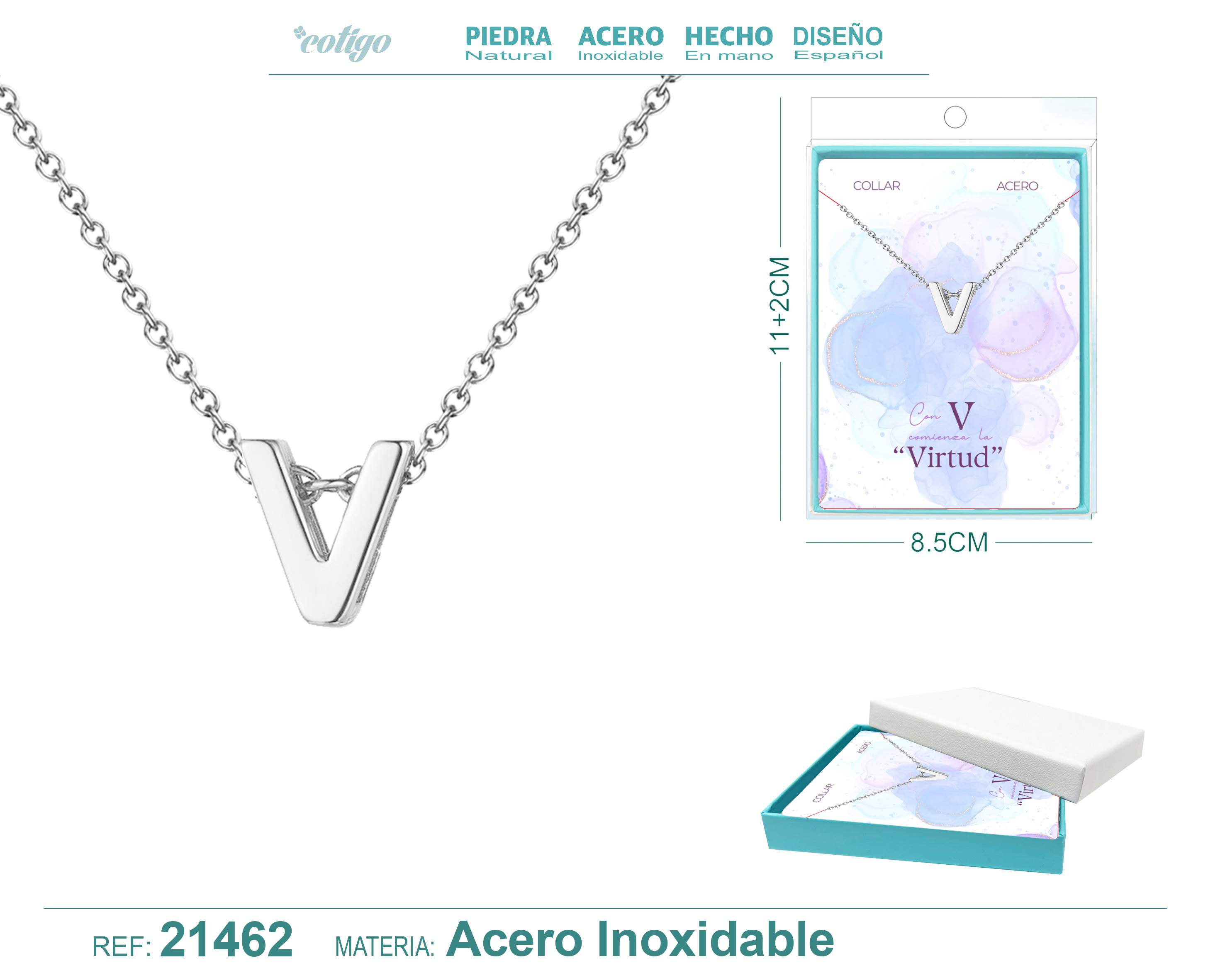 COLLAR LETRA V ACEROCOLOR PLATEADO