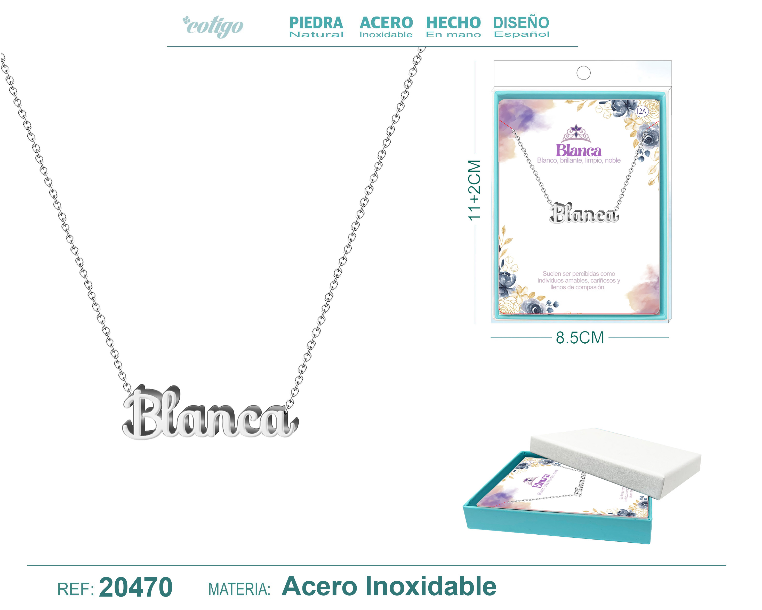 12A COLLAR NOMBRE- BLANCA-ACERO PLATEADO