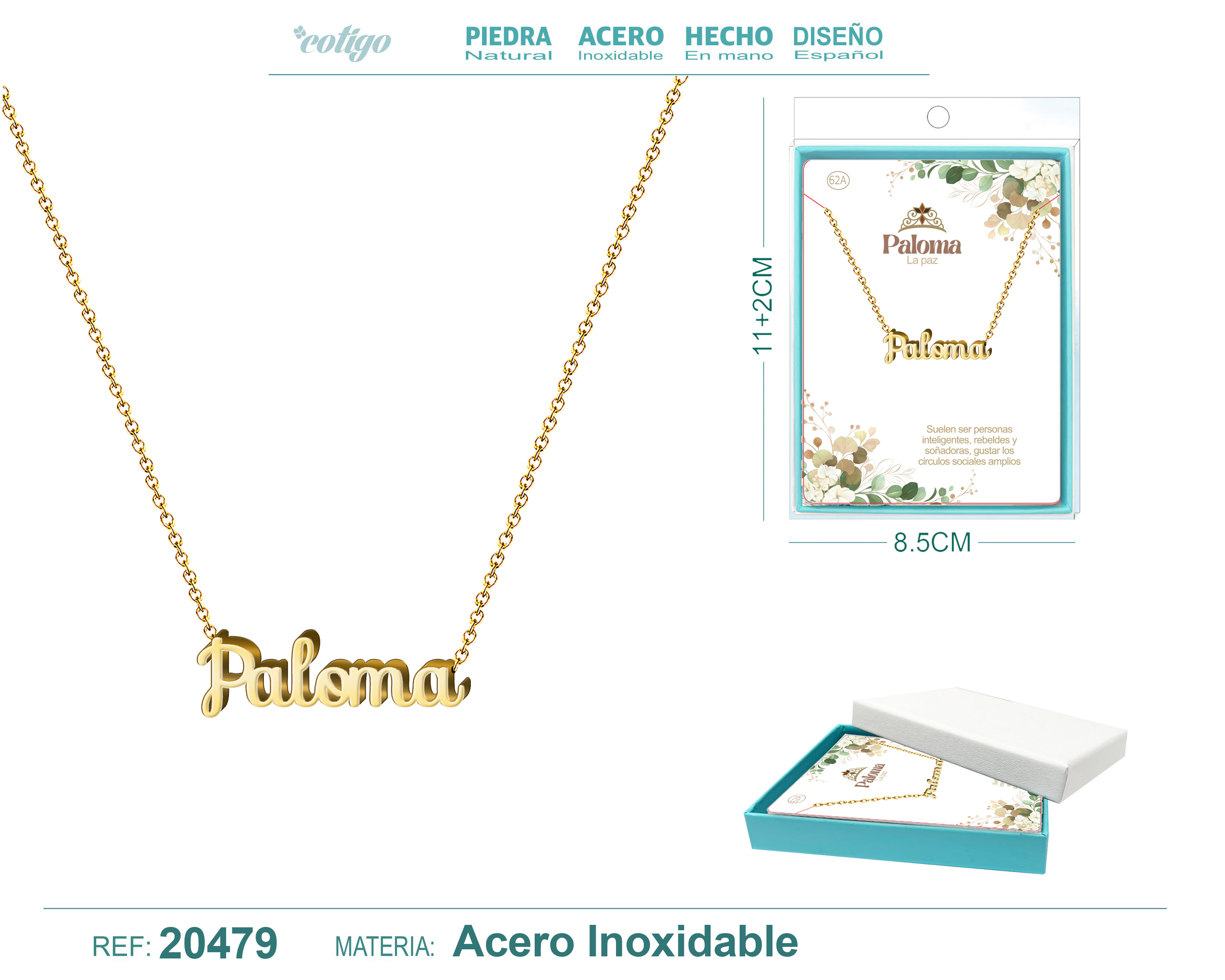 62A COLLAR NOMBRE- PALOMA -ACERO DORADO