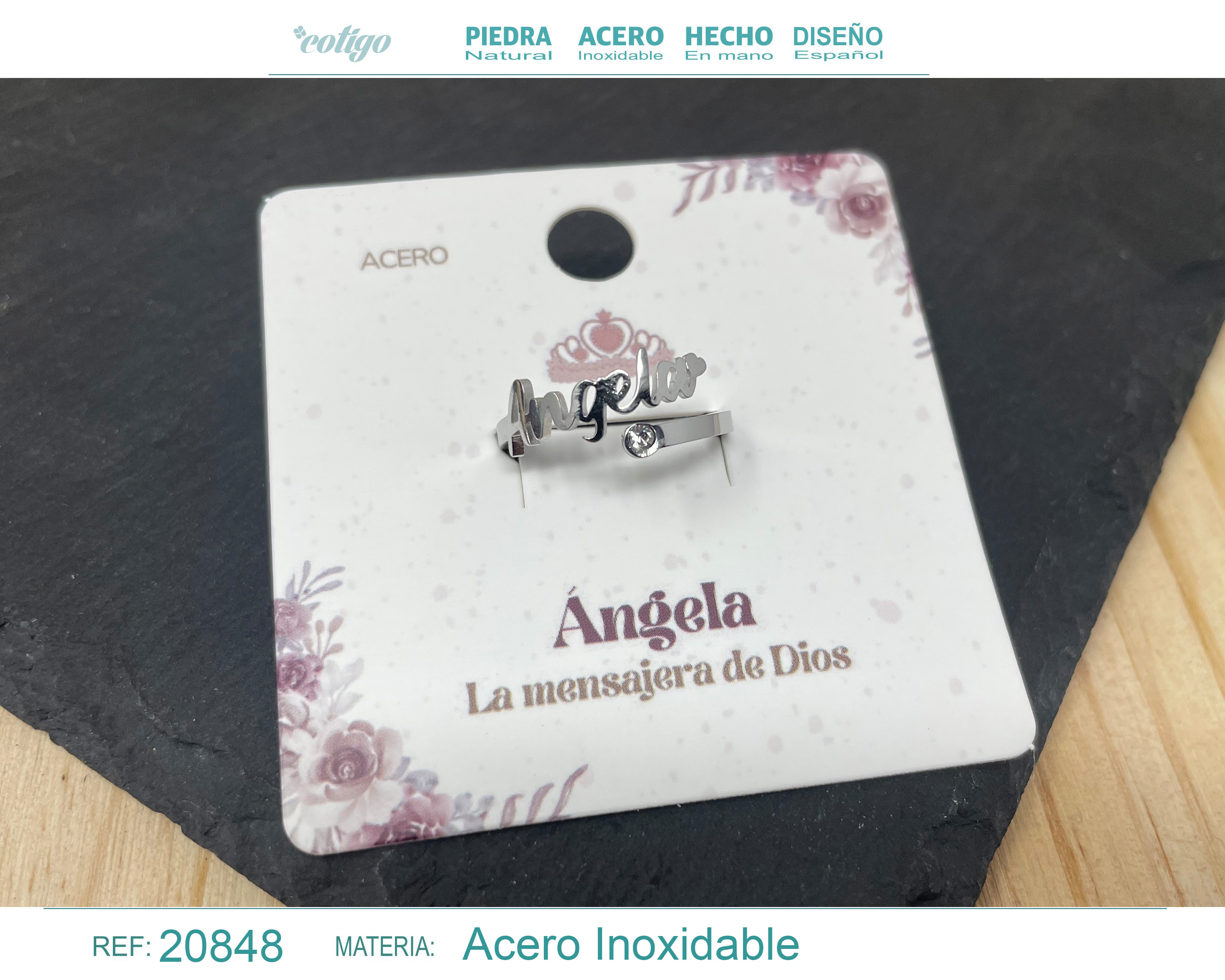ANILLO NOMBRE ANGELA ACERO COLOR PLATEADO