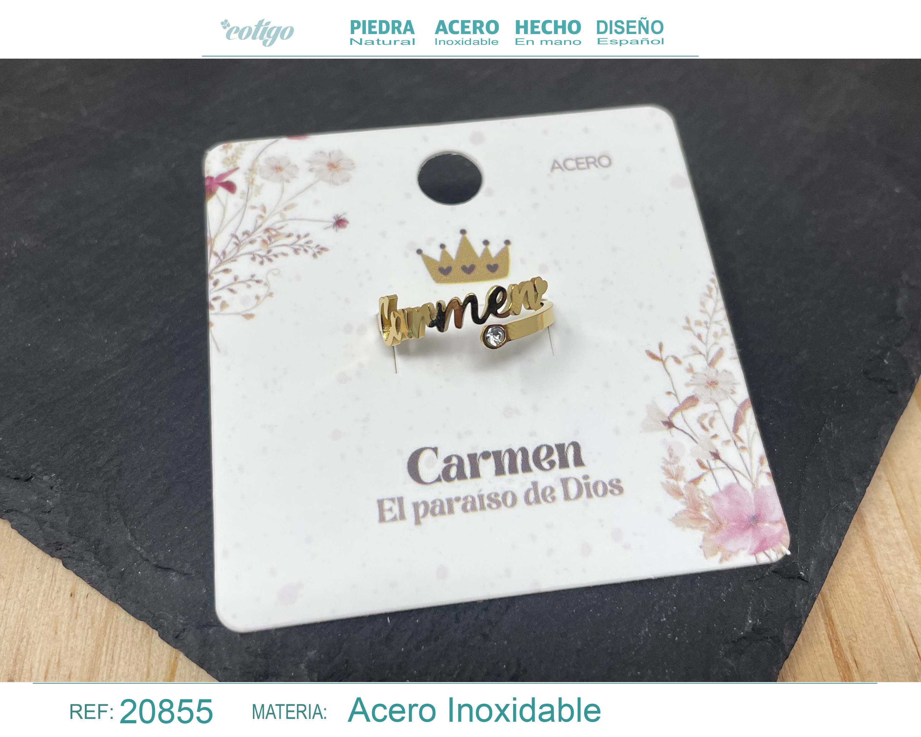 ANILLO NOMBRE CARMEN ACERO COLOR DORADO