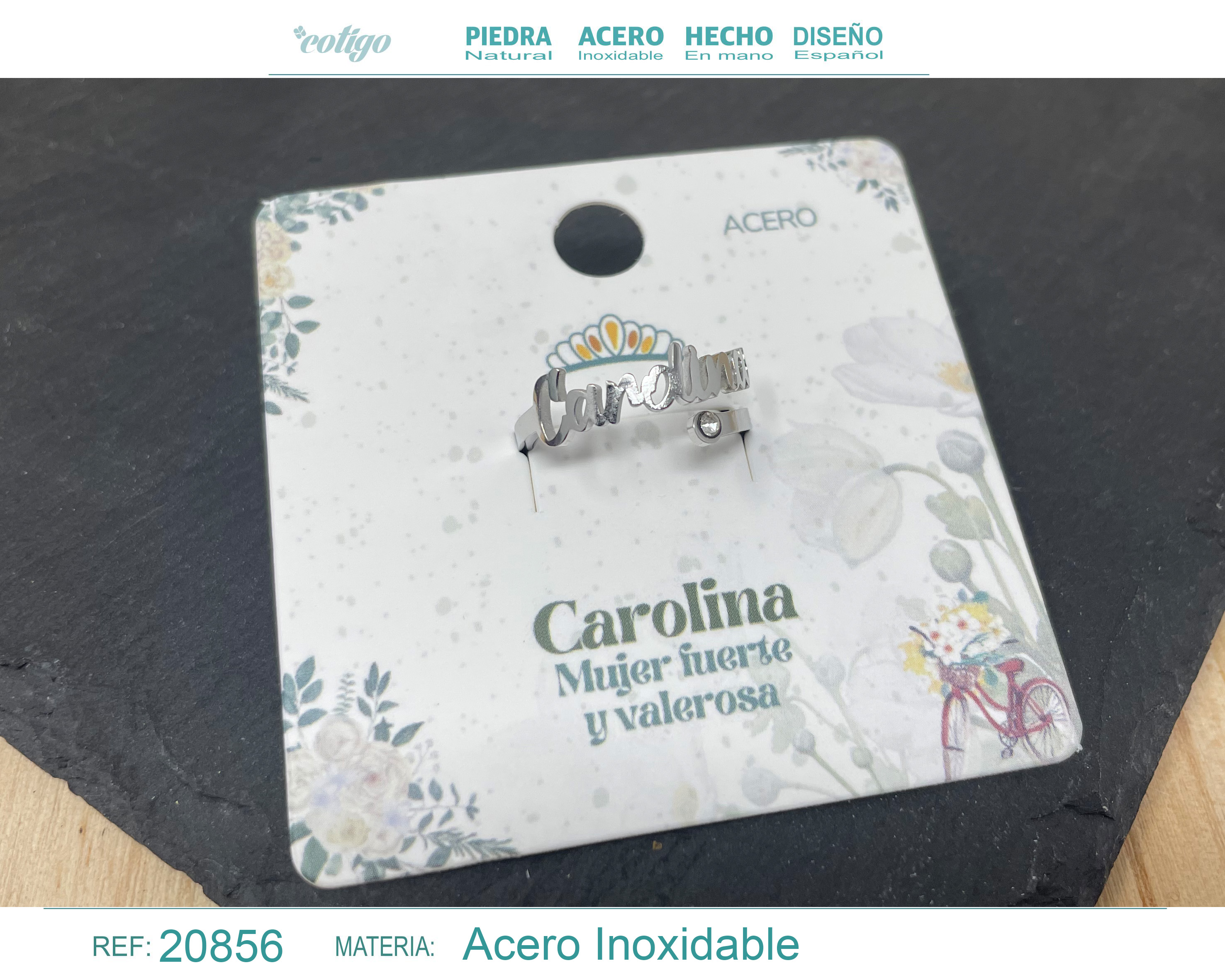 ANILLO NOMBRE CAROLINA ACERO COLOR PLATEADO