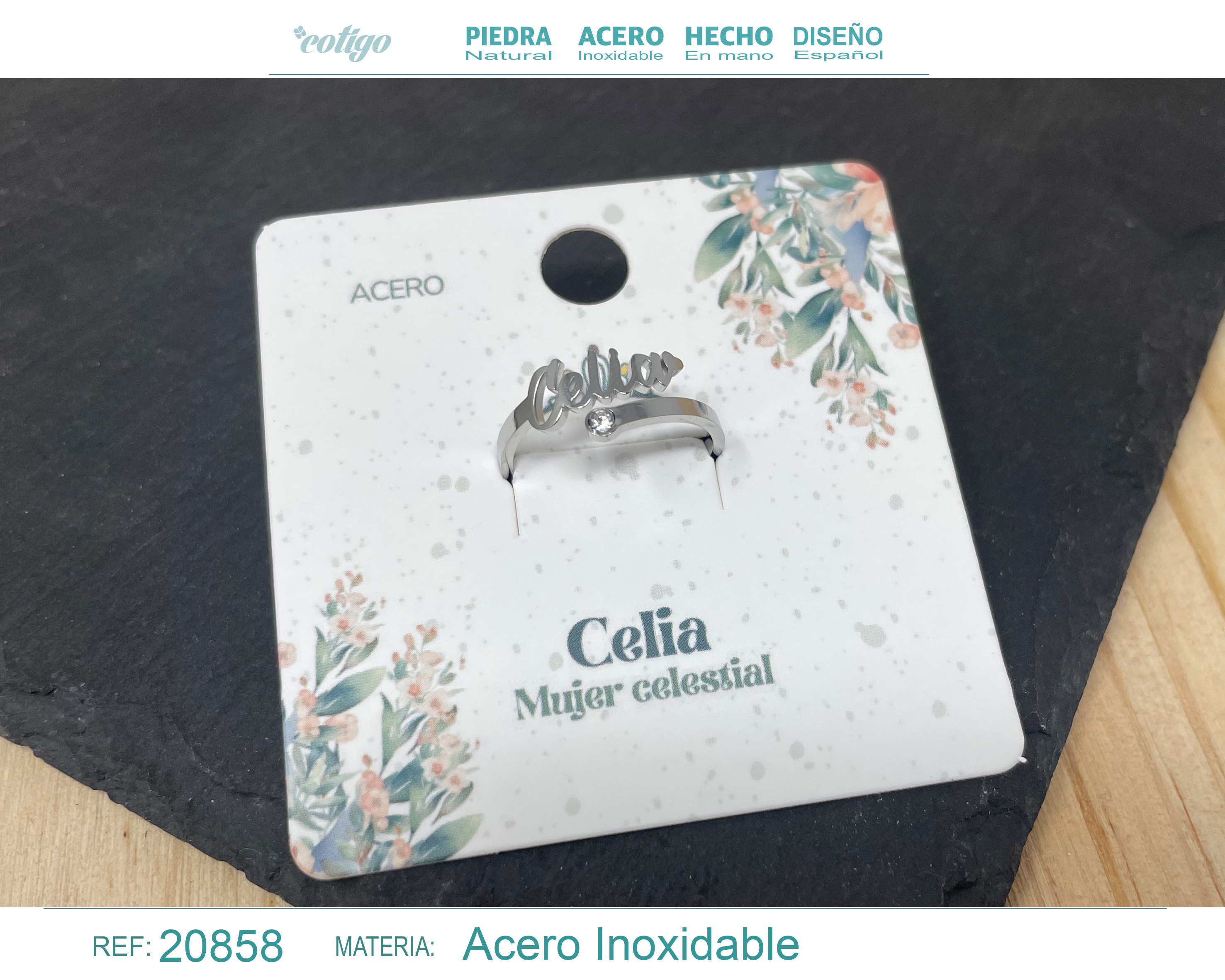 ANILLO NOMBRE CELIA ACERO COLOR PLATEADO