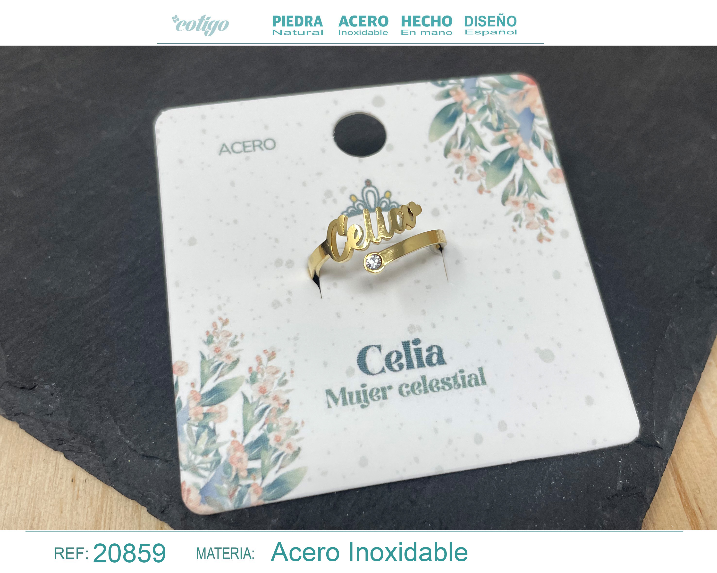 ANILLO NOMBRE CELIA ACERO COLOR DORADO