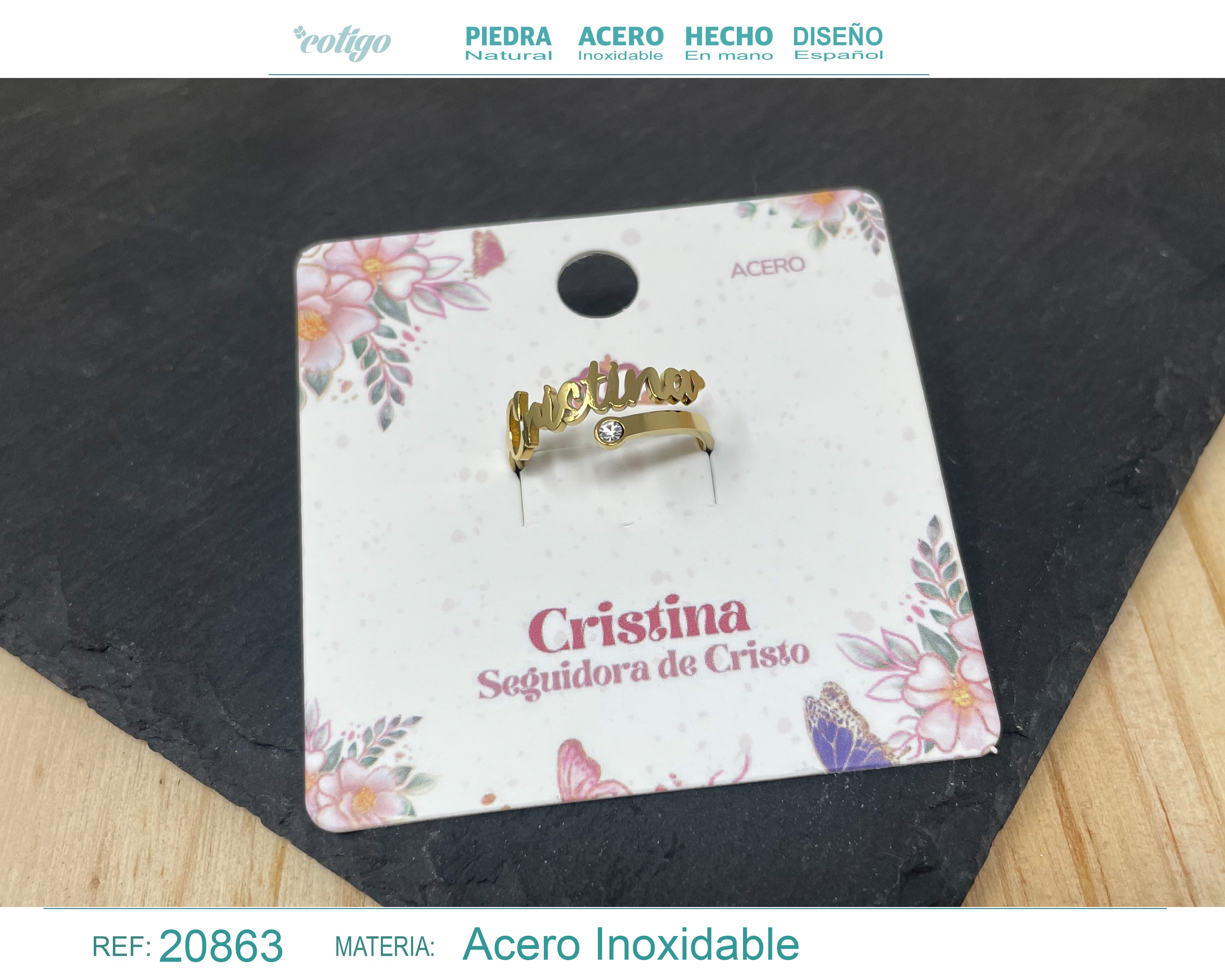 ANILLO NOMBRE CRISTINA ACERO COLOR DORADO