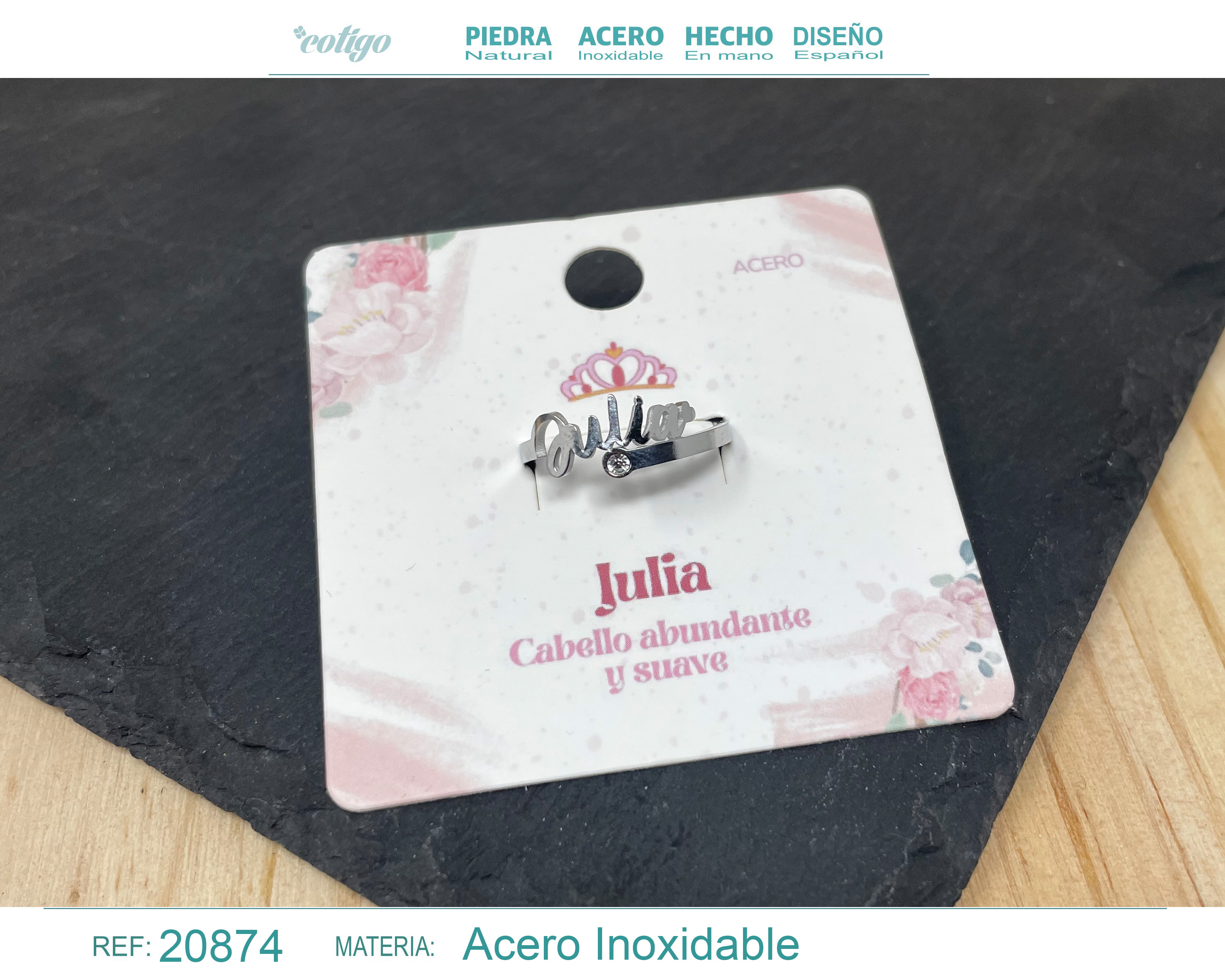 ANILLO NOMBRE JULIA  ACERO COLOR PLATEADO